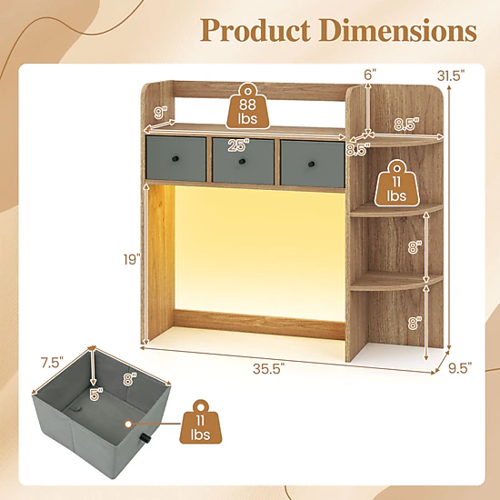 LJG Desktop Bookshelf with LED Lights 5-Tier Shelves and 3 Drawers for Home Officce