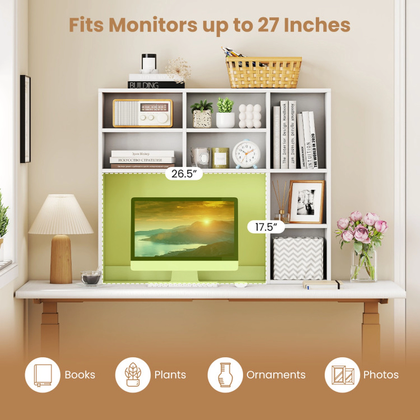 SUGIFT White Desktop Bookshelf with 7 Open Cubbies and 3 Adjustable Shelves