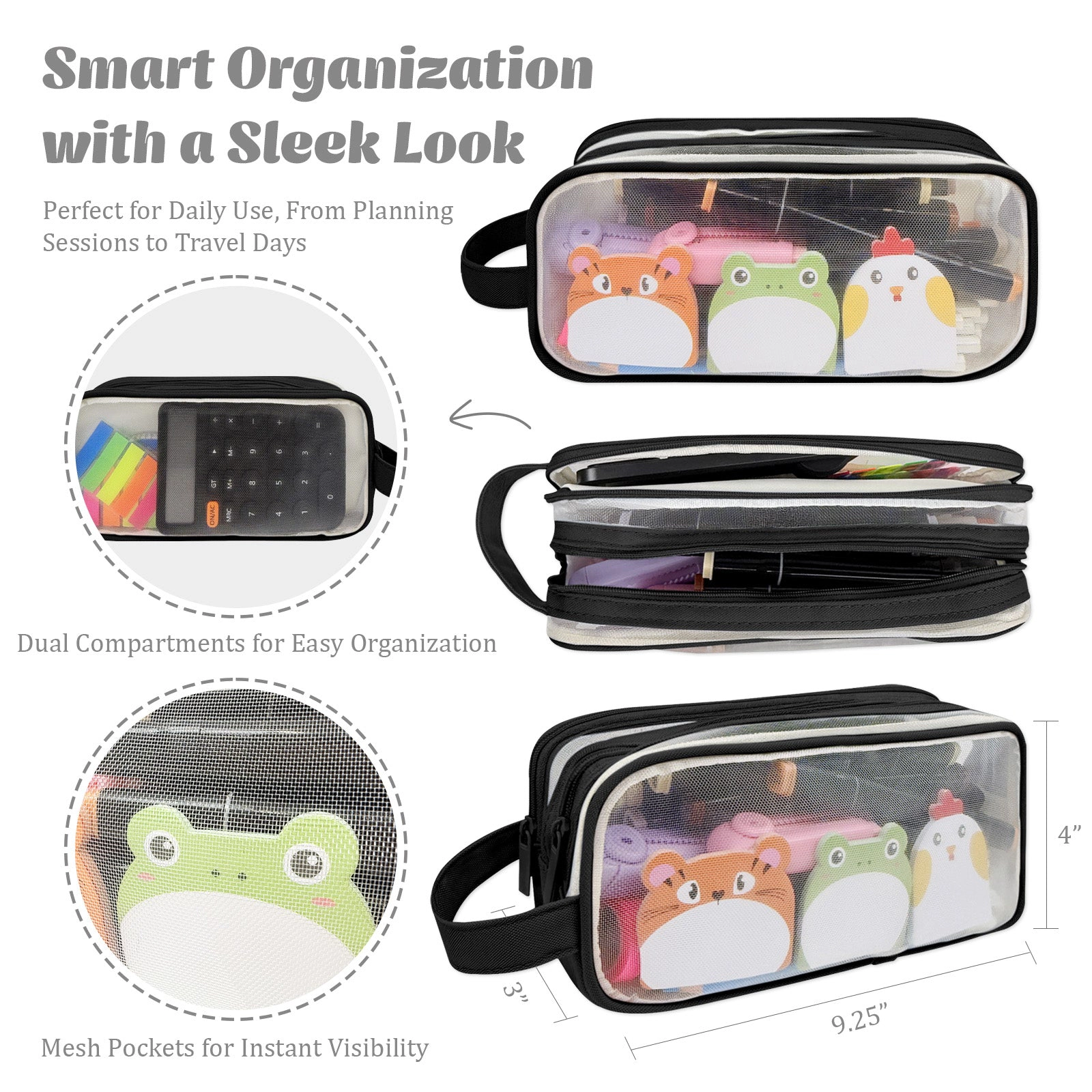 Wrapables 2-Compartment Transparent Mesh Pencil Case for Stationery, Makeup and Travel