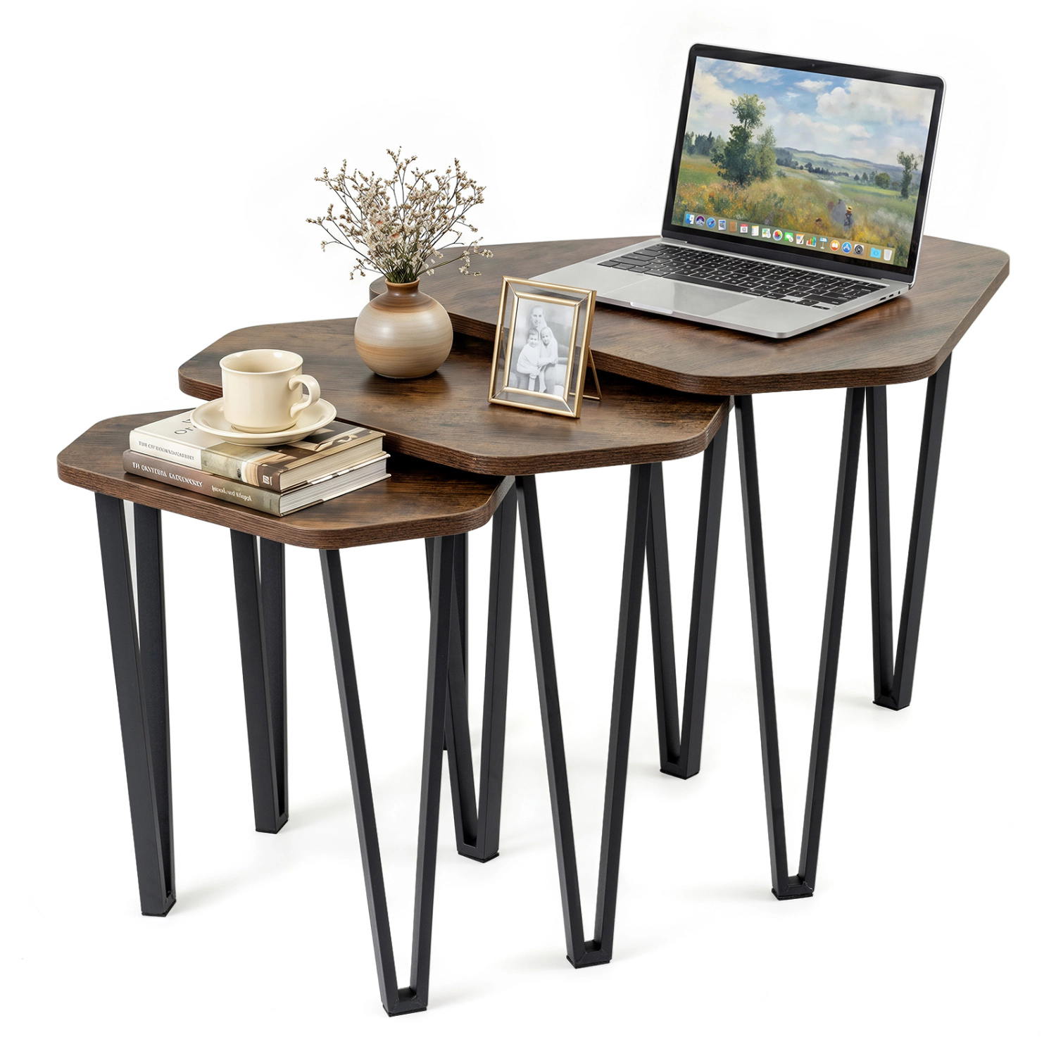 LJG Set of 3 Nesting Coffee Tables with Engineered Wood Top and Metal Frame for Living Room