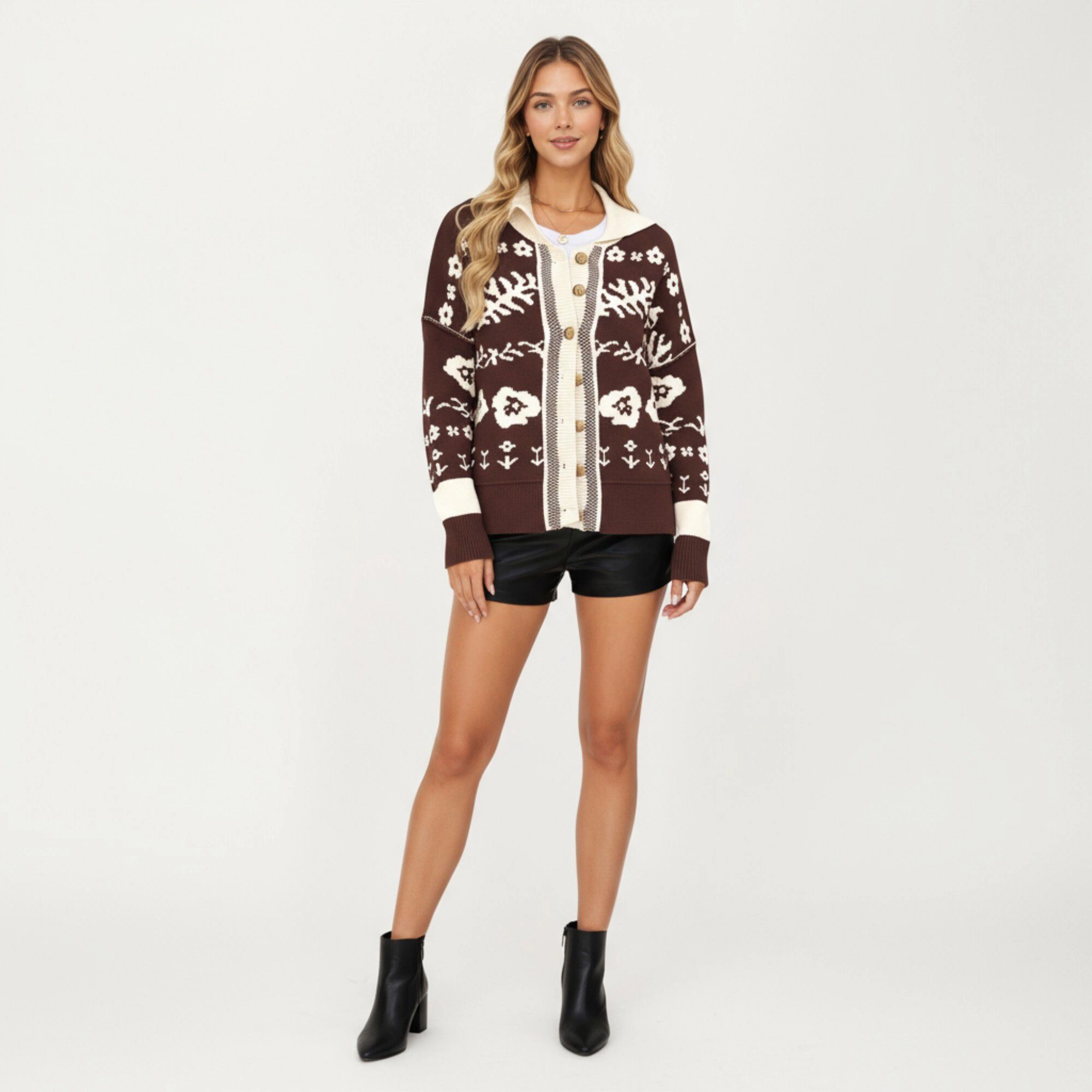 Anna-Kaci Women's Floral Jacquard Button Front Cardigan Top with Soft Knit Texture, Relaxed Drop Shoulder Fit