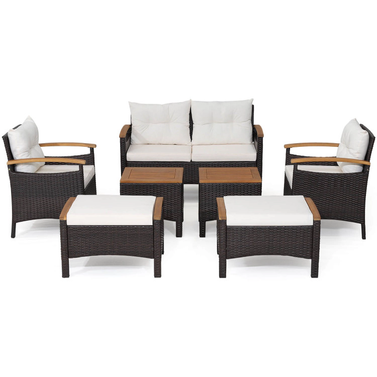Hivvago 7 Piece Rattan Patio Sofa Set With Acacia Wood Tabletop And Armrests