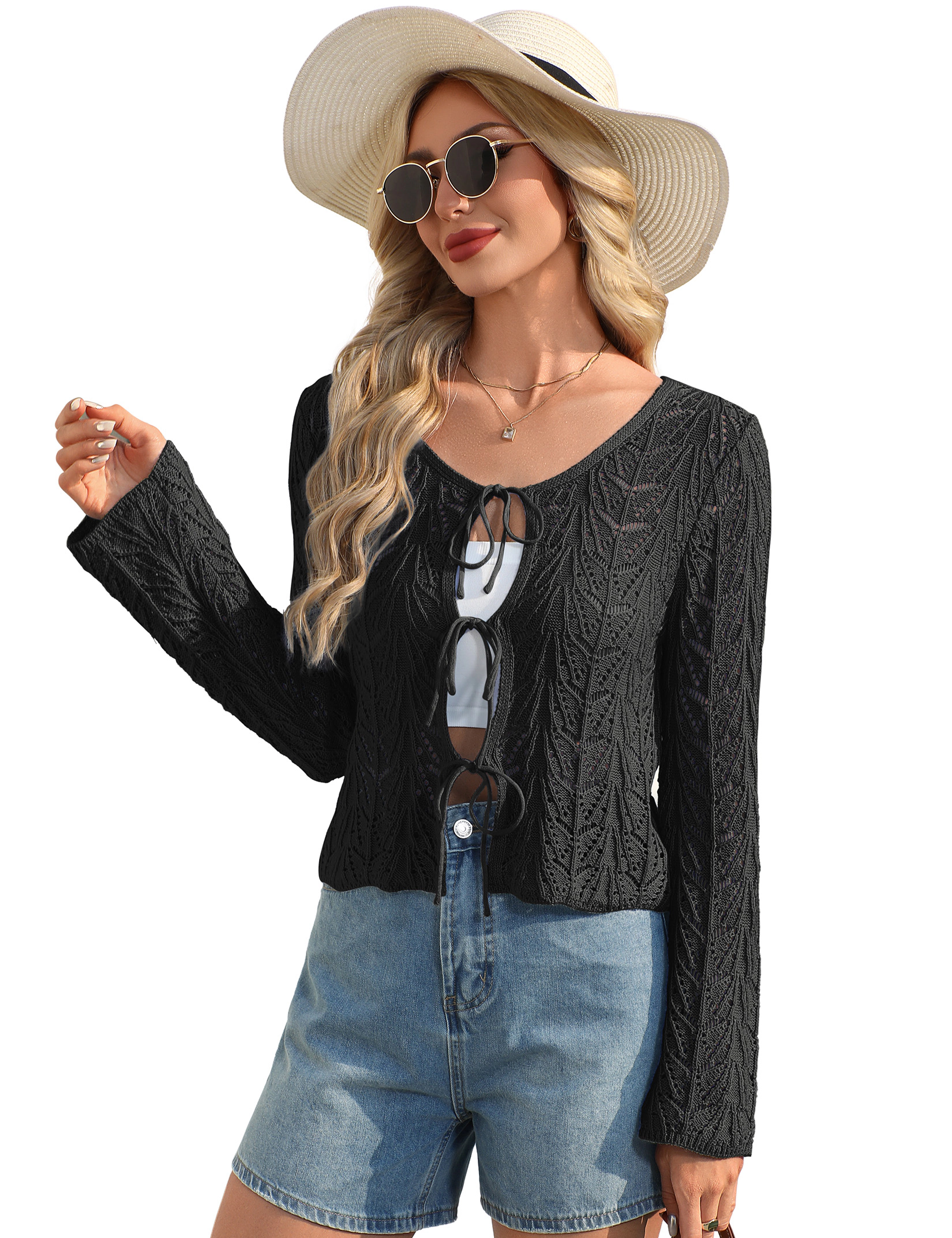 KOJOOIN Women's Tie Front Knit Cardigan Long Sleeve Hollow Crochet Vacation Shrug