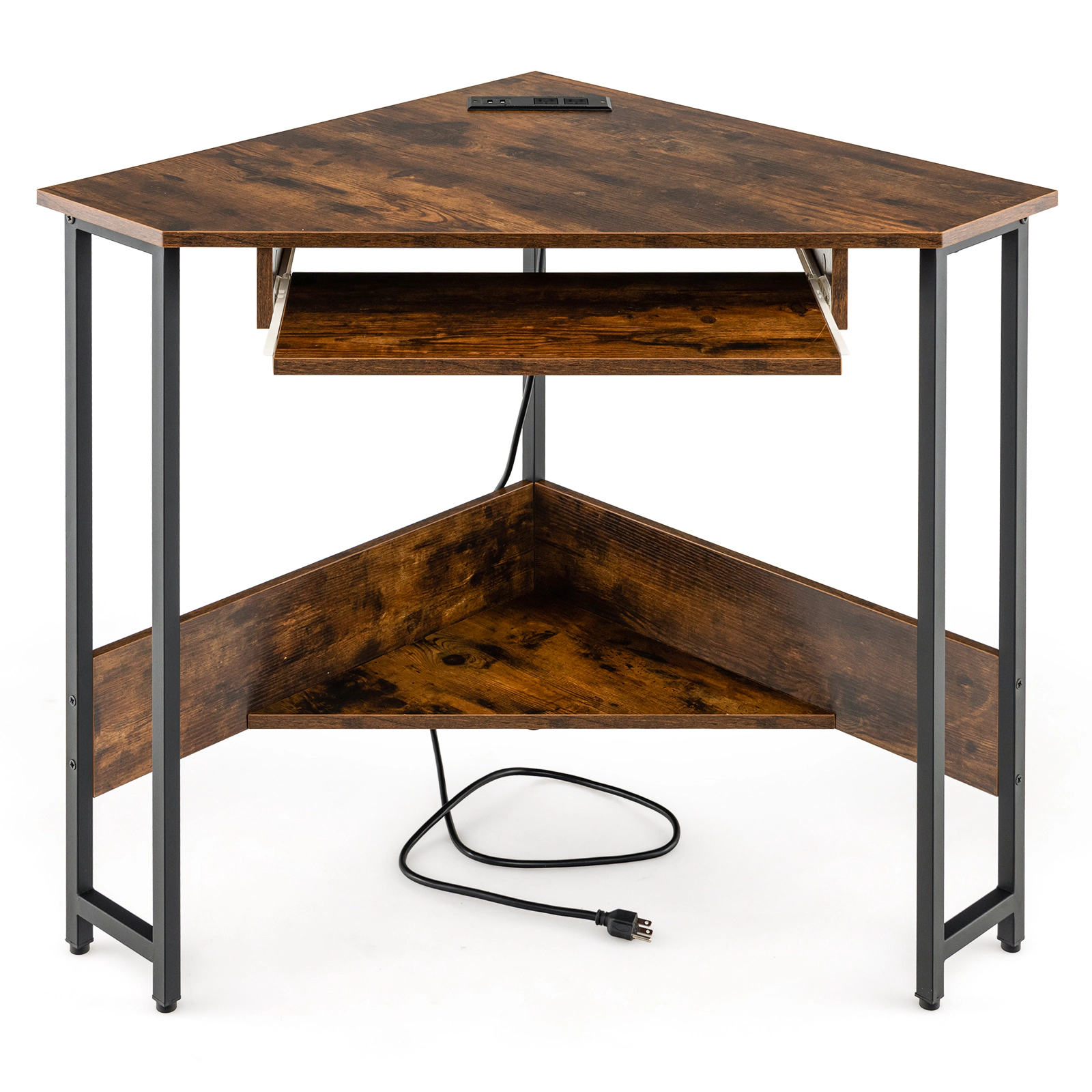 SUGIFT Rustic Brown Charging Station Keyboard Tray and Storage Shelf Triangle Corner Desk