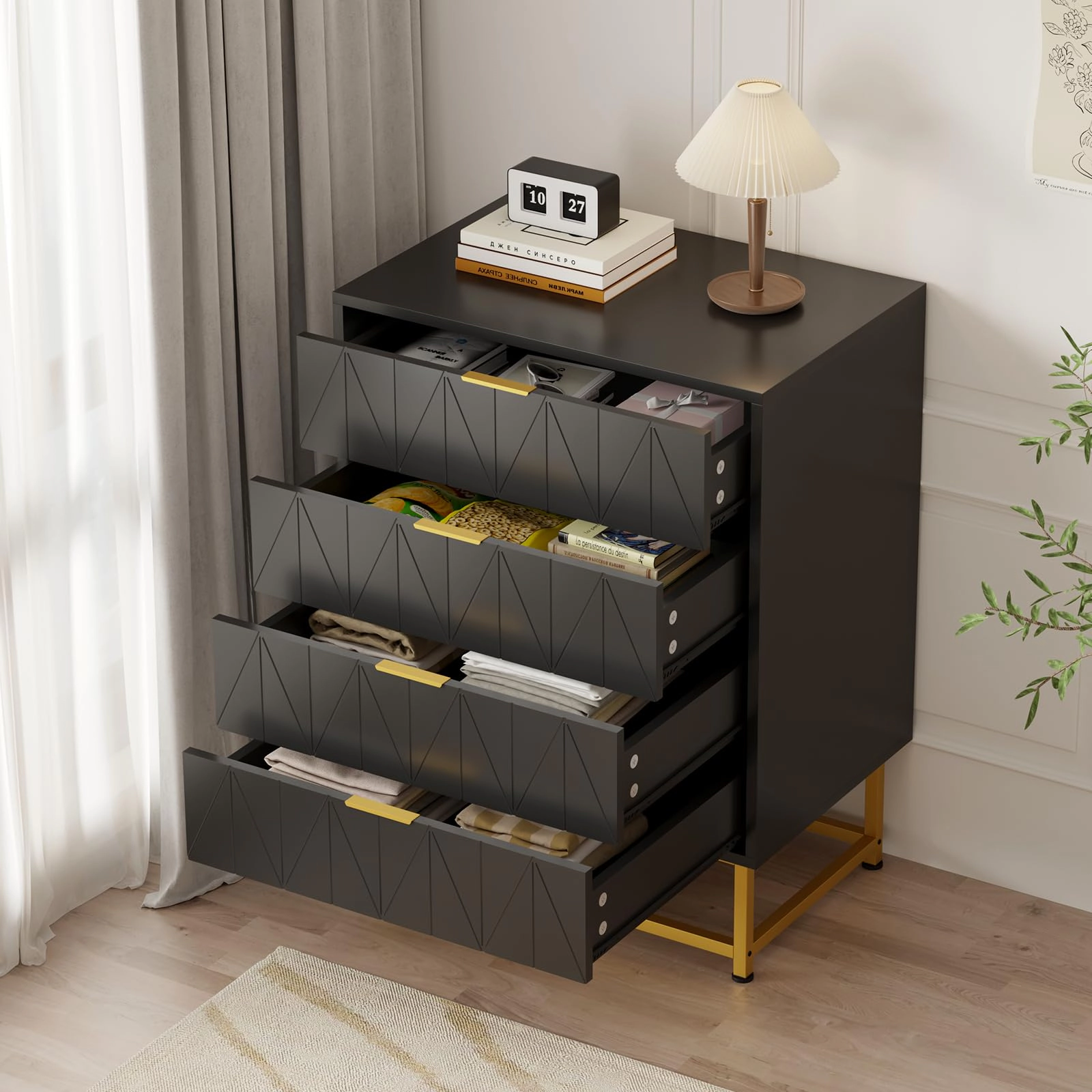 Modern 4 Drawer Wood Dresser with Metal Legs, Wide Storage Chest Organizer for Bedroom Living Room