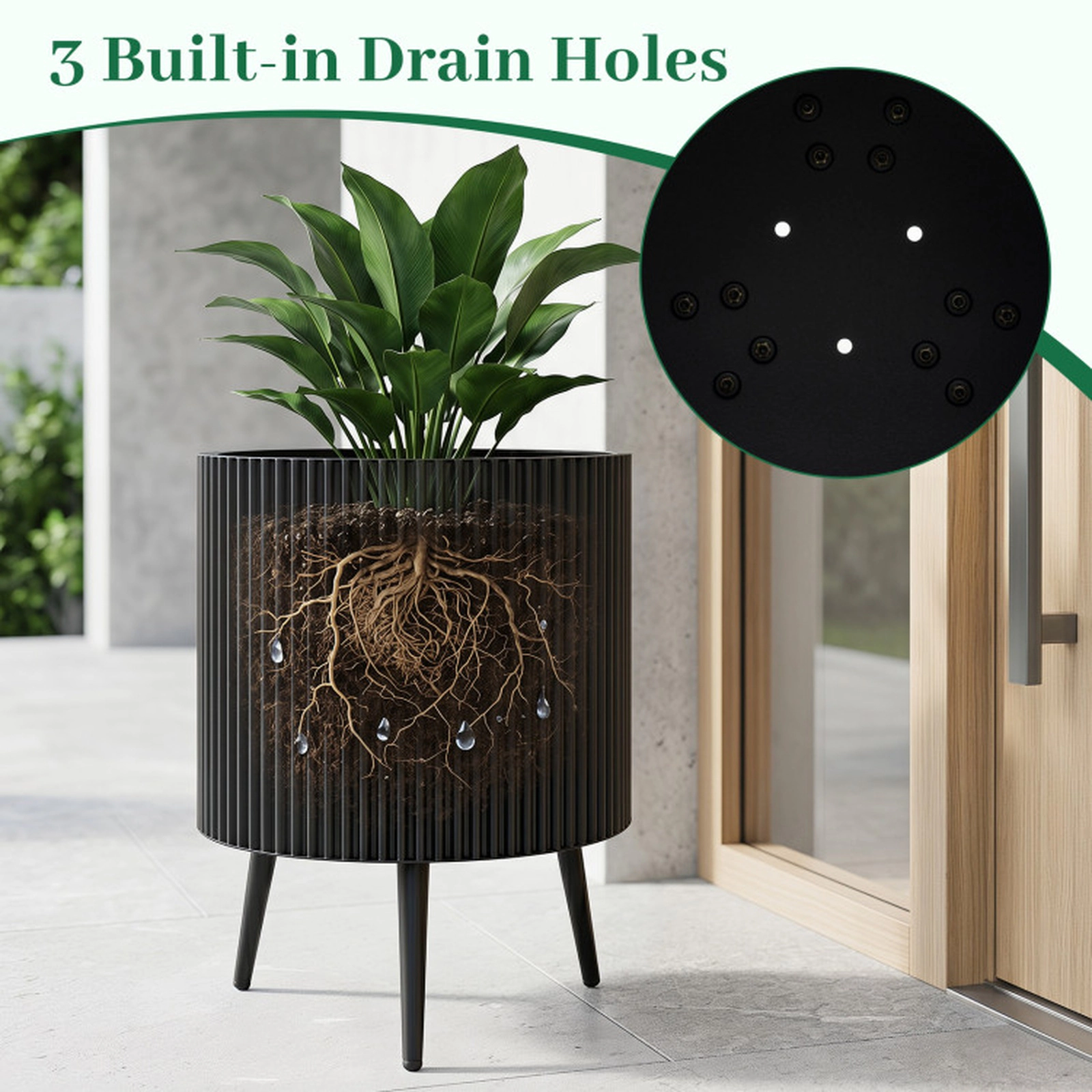 SUGIFT Fluted Alloy Metal Plant Pot with Stand 110-lb Capacity 14 x 21 in 16.5 x 22 in 20 x 23 in 1-Piece Black