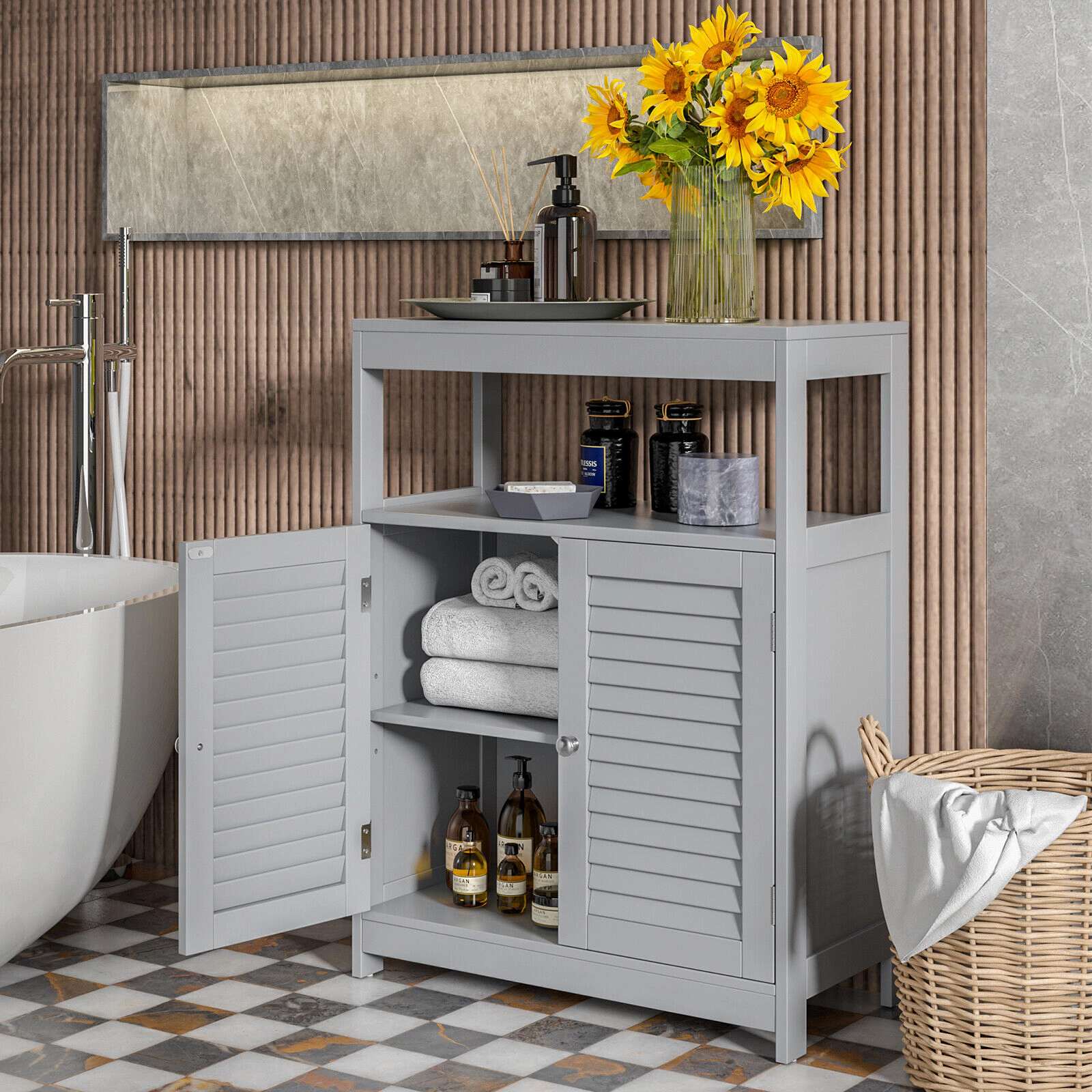 SlickBlue Bathroom Floor Cabinet with Shutter Doors and Storage