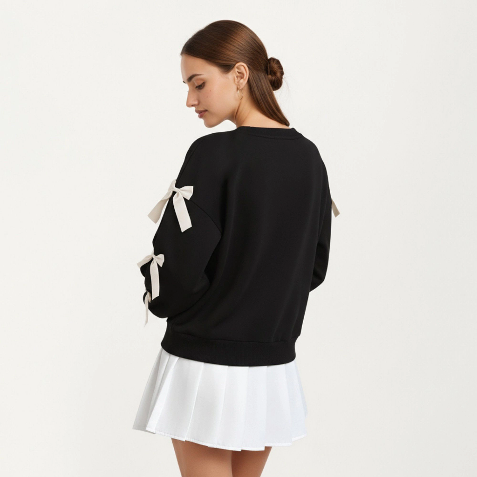 Anna-Kaci Women's Long Sleeve Crew Neck Sweatshirt with Ribbon Bow Detail