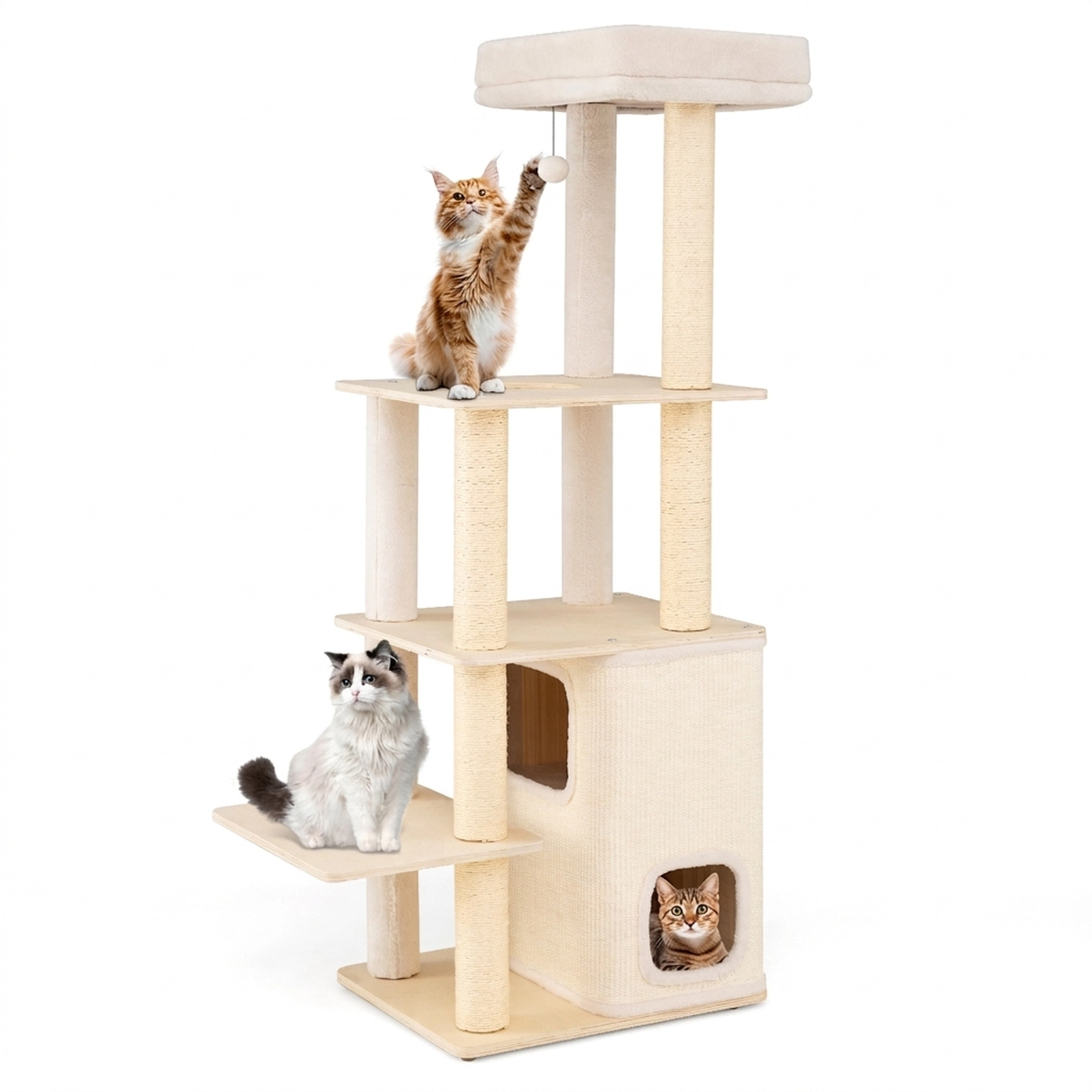 SUGIFT 63-in Natural Heavy Duty Wooden Cat Tree with 44-lb Layers 2-Story Condo and Plush Top Perch