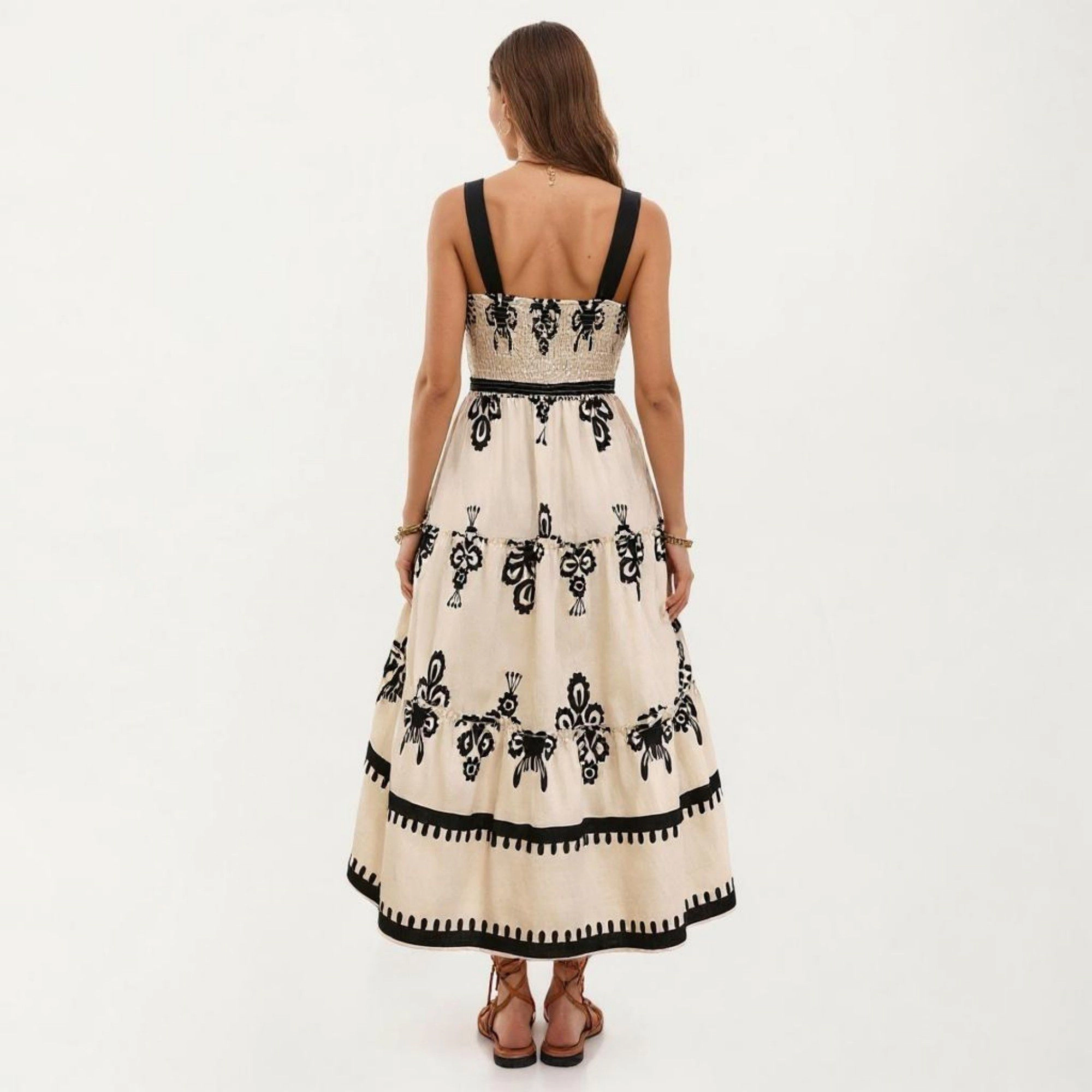 Anna-Kaci Womens Sleeveless Smocked Floral Tiered Midi Dress