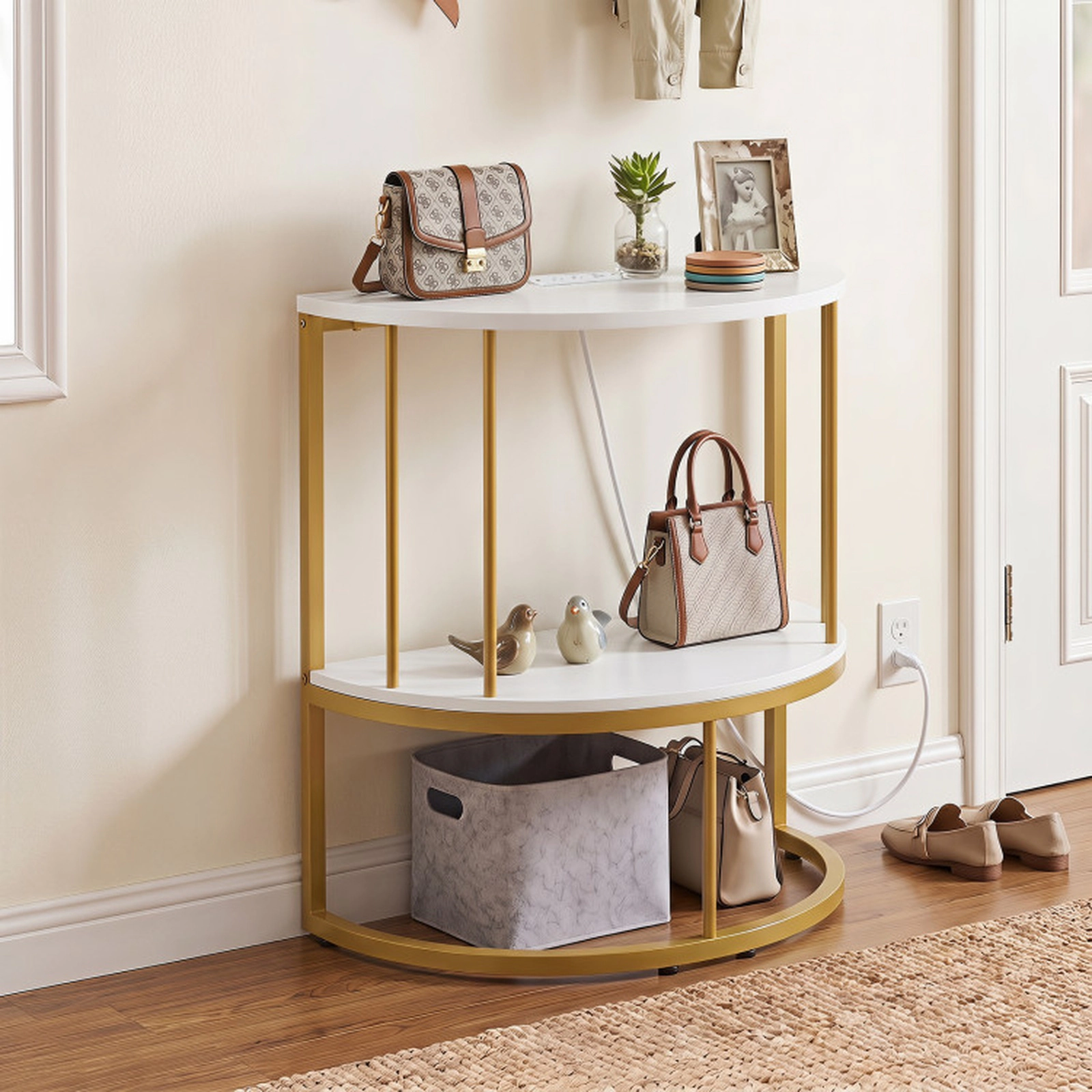 SUGIFT 24-in Half Moon 2-Tier 45-lb Capacity White Console Table with Power Outlets and Storage Shelf