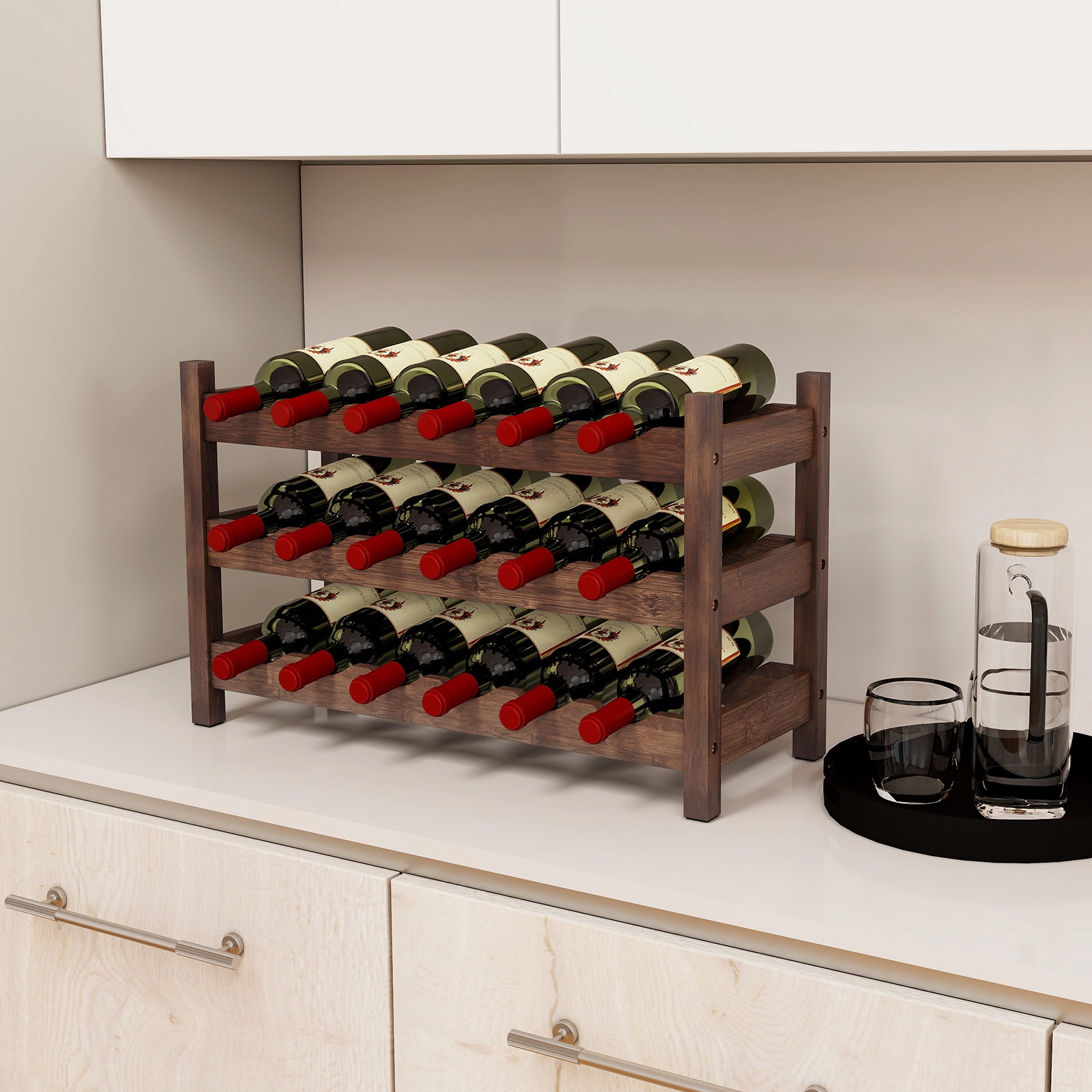 SUGIFT Coffee 3-Tier Bamboo Countertop Wine Rack 18-Bottle Freestanding Storage Shelf for Kitchen Bar