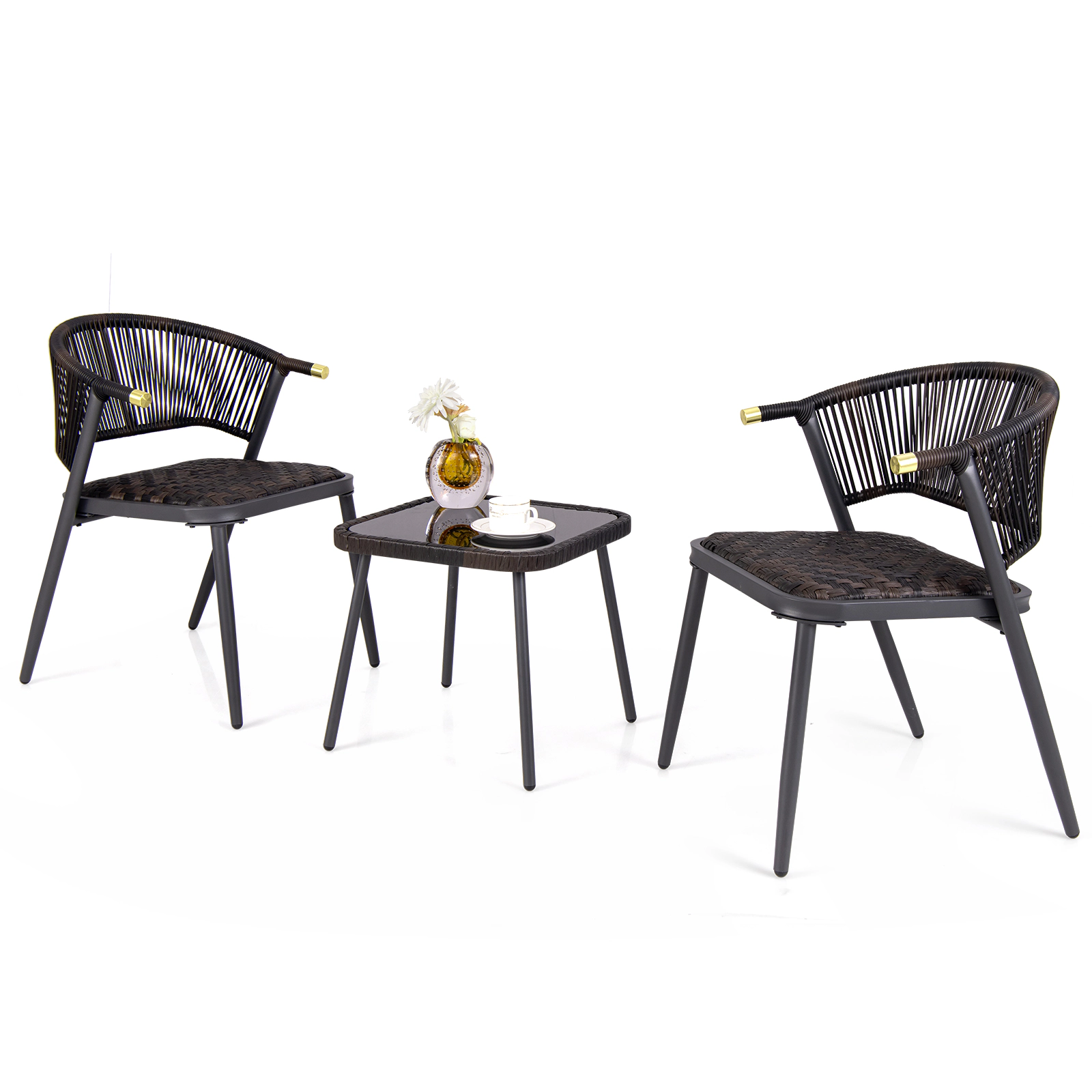 SUGIFT 3-Piece Patio Rattan Conversation Set with Quick Dry Foam Chairs 400-lb Capacity Mix Brown and Black