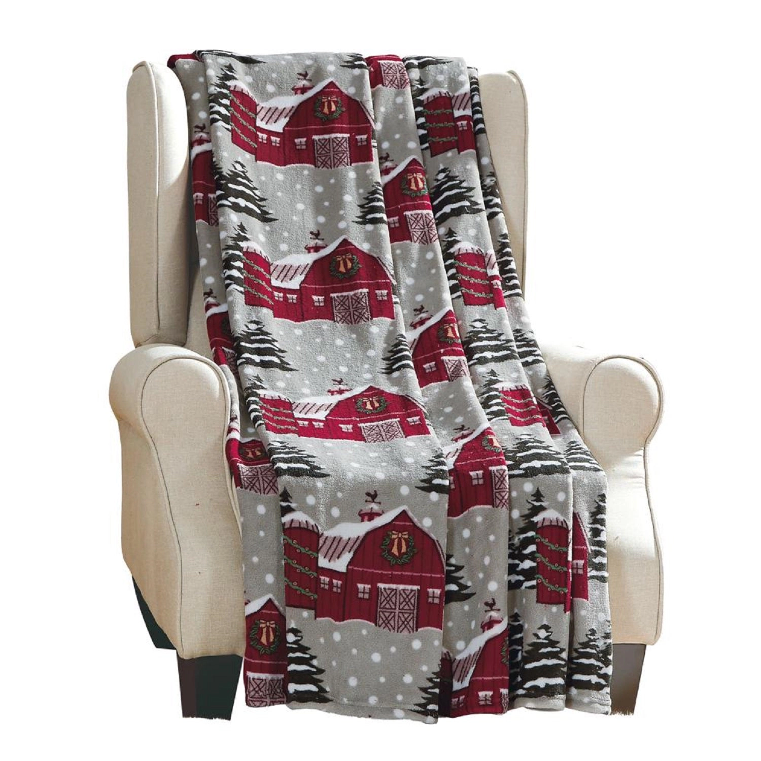 Plazatex Snowy Barn plush Decorative Christmas Machine Washable Throw 50" X 60" Grey