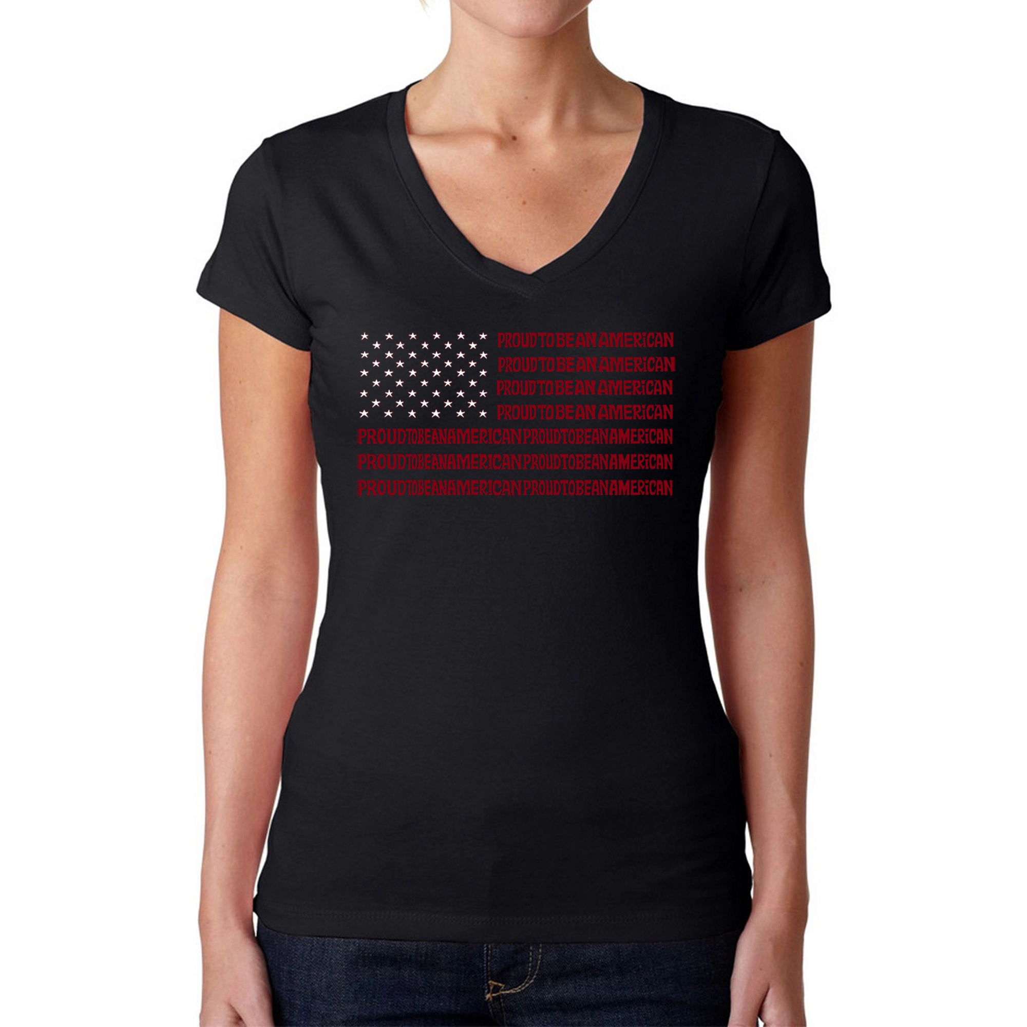 LA Pop Art Womens Word V-Neck T-Shirt - Proud To Be An American