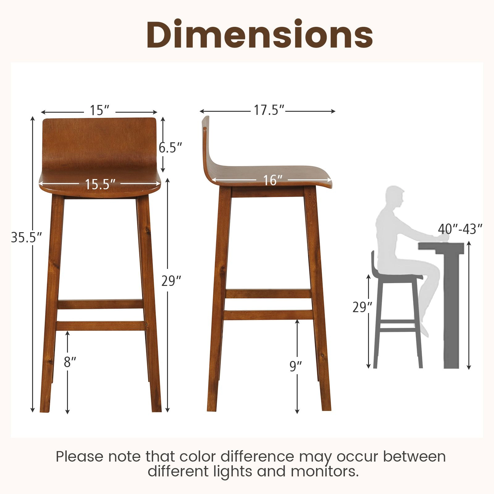 SlickBlue Set of 2 Walnut Counter Height Bar Stools with Curved Seat and Footrest Set