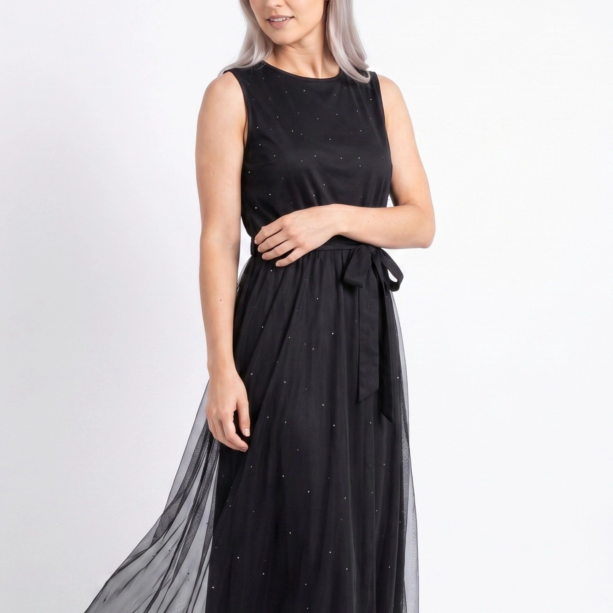 Anna-Kaci Women's Mesh Overlay Sleeveless Belted Midi Dress