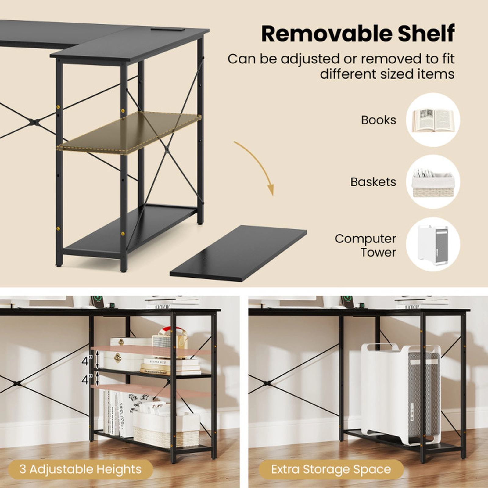 SUGIFT Reversible Storage Shelves Power Outlets L-Shaped Corner Desk 47-in x 34-in x 29-in 240-lb Capacity Black