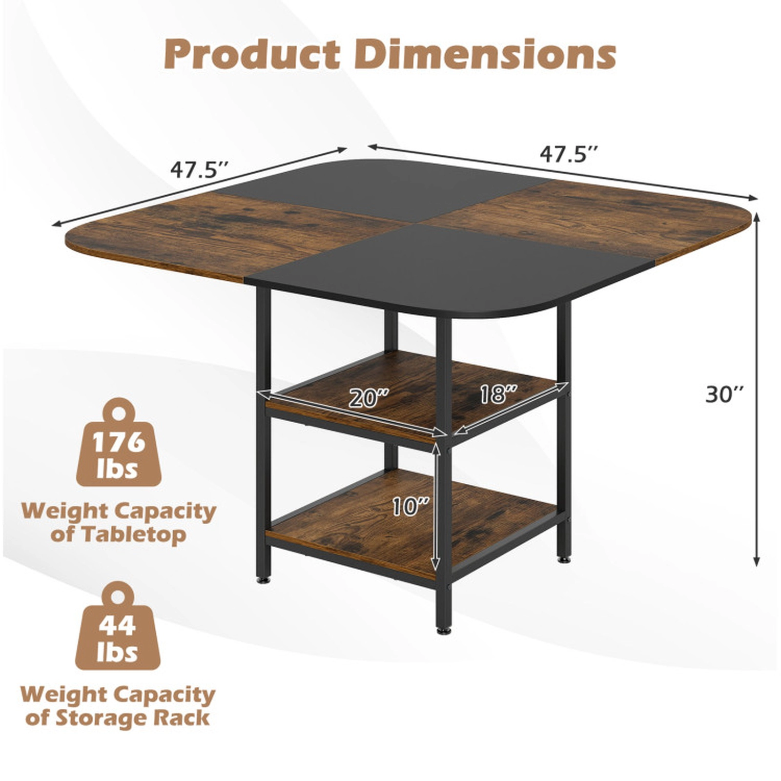 SUGIFT 47.5-Inch Rustic Brown Square Dining Table with 2 Storage Shelves