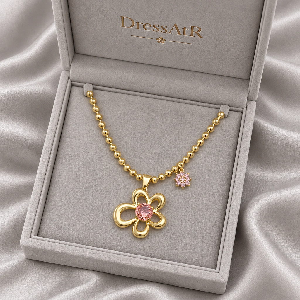DressAtR Women’s Pink Flower 18K Gold Plated Necklace