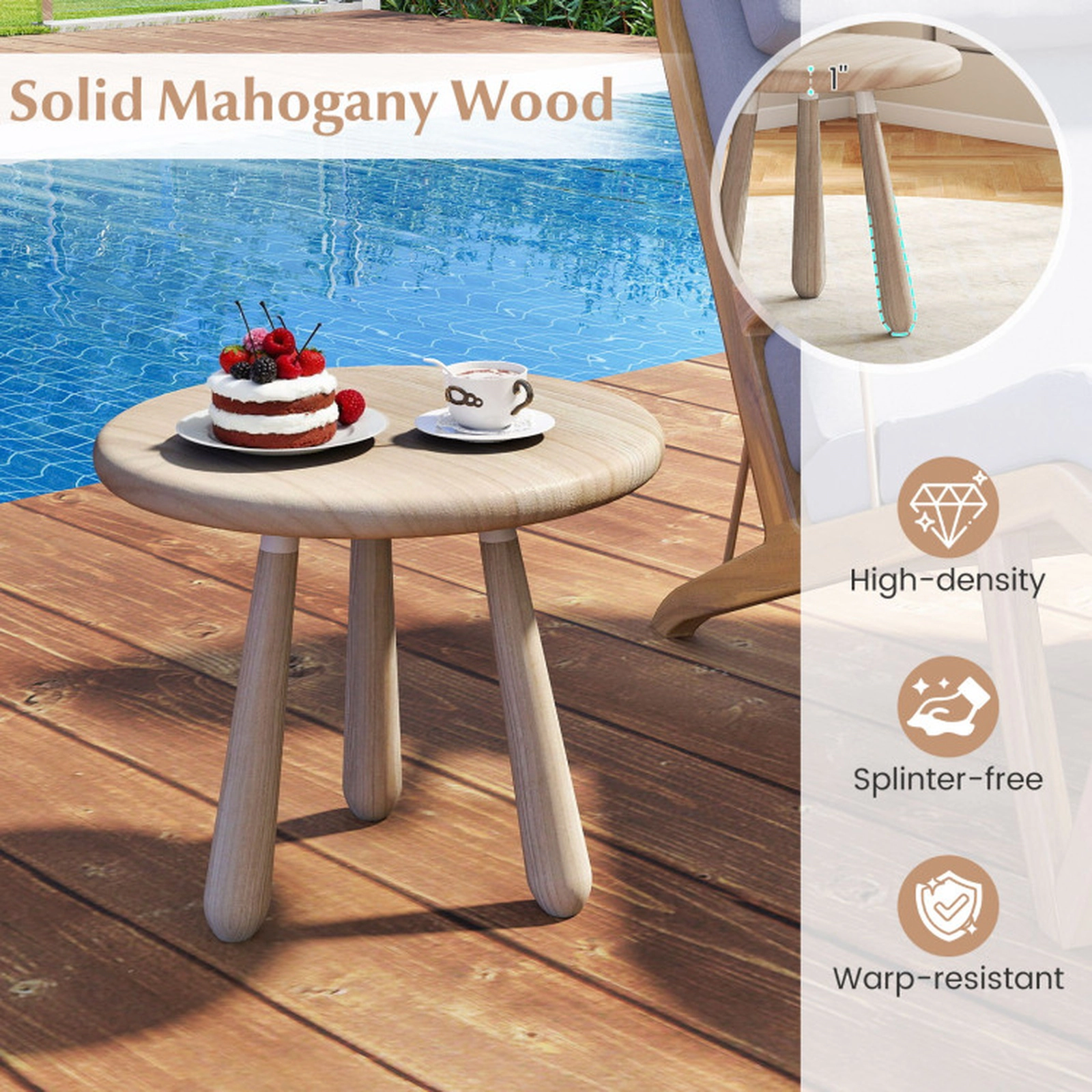 SUGIFT 18-in Round Outdoor Mahogany Wood Side Table 110-lb Capacity Natural Finish