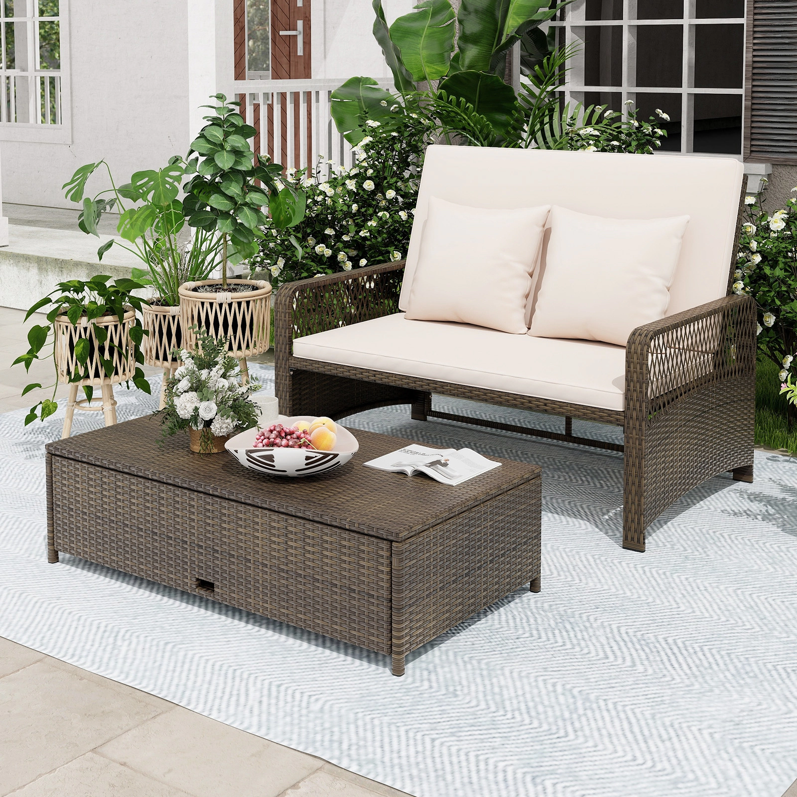 SUGIFT Beige 4-Level Backrest and Storage Ottoman Patio Adjustable Wicker Daybed