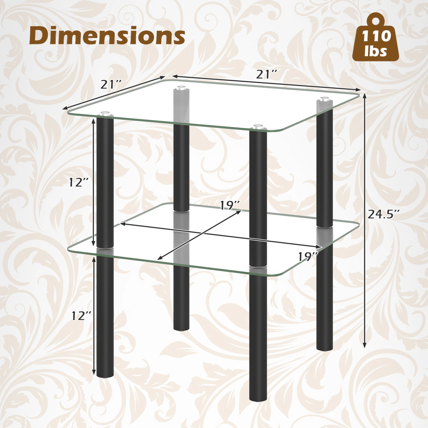 Glintex Square 2-Tier Clear Glass End Table with Solid Rubber Wood Legs