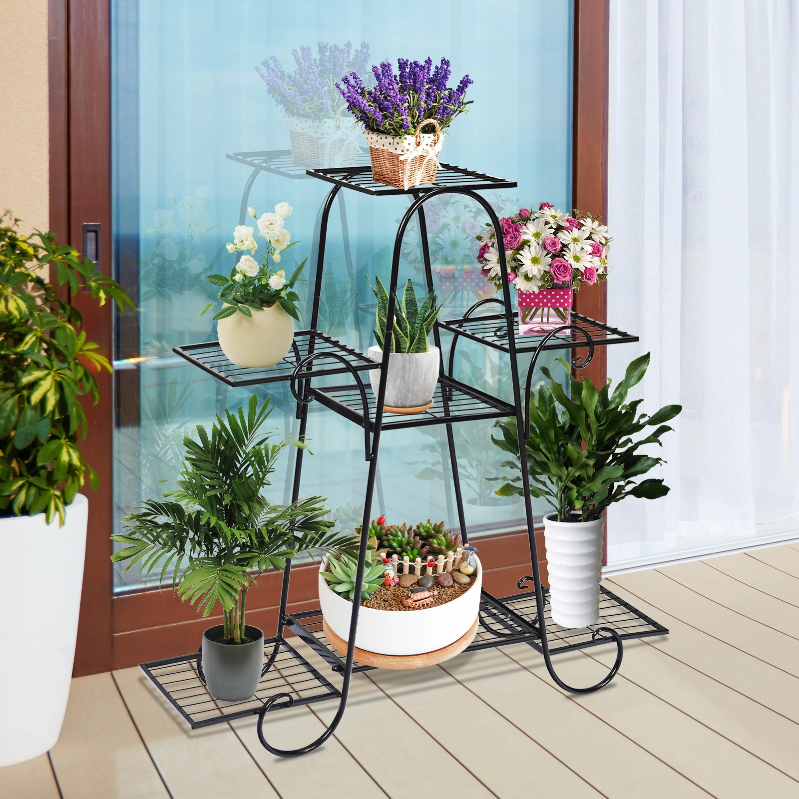 Slickblue Black Iron 7 Tier Plant Stand Vertical Flower Rack for Balcony Patio Garden Display
