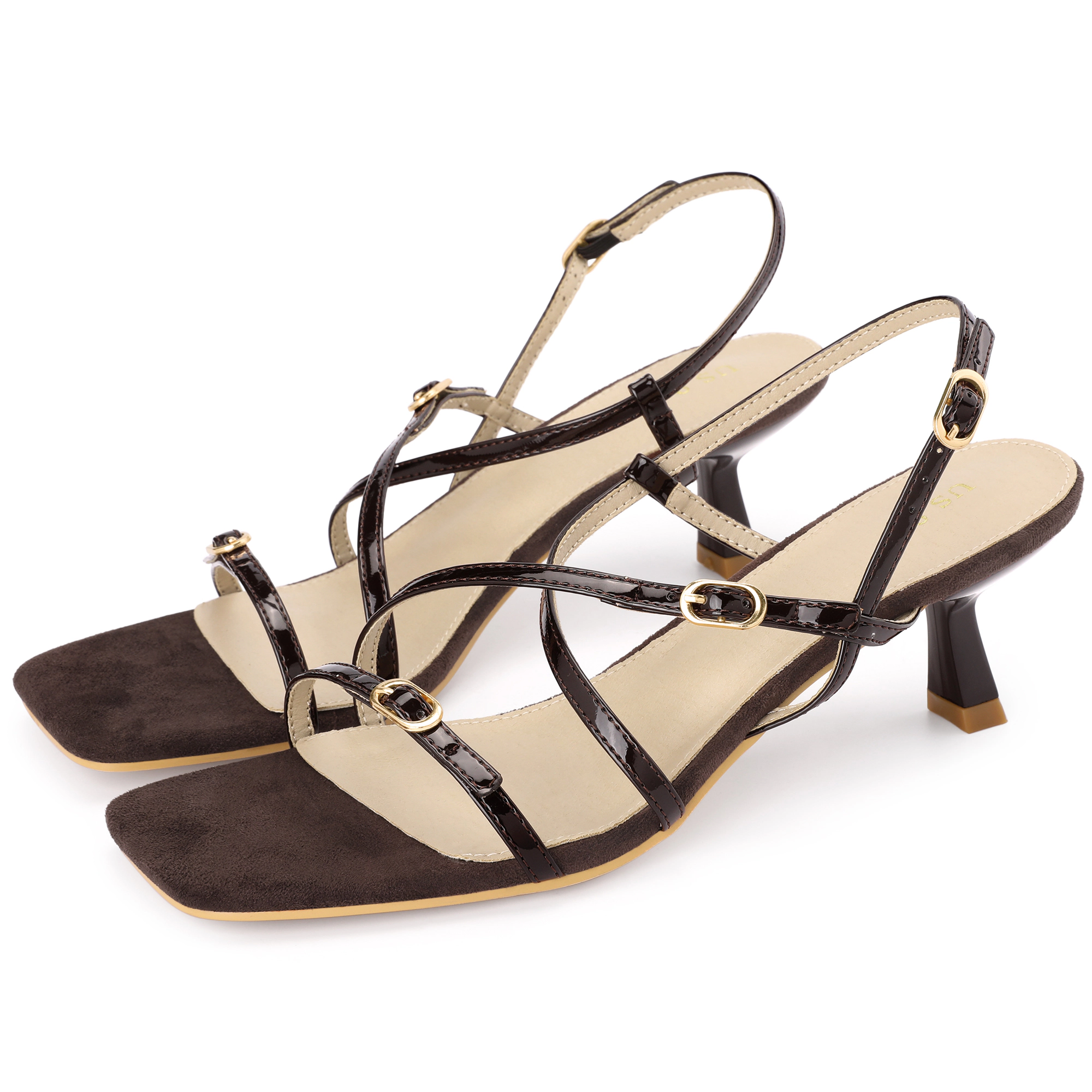 BLISSFUL STEP Women's Strappy Slingback Square Toe Kitten Heel Sandals