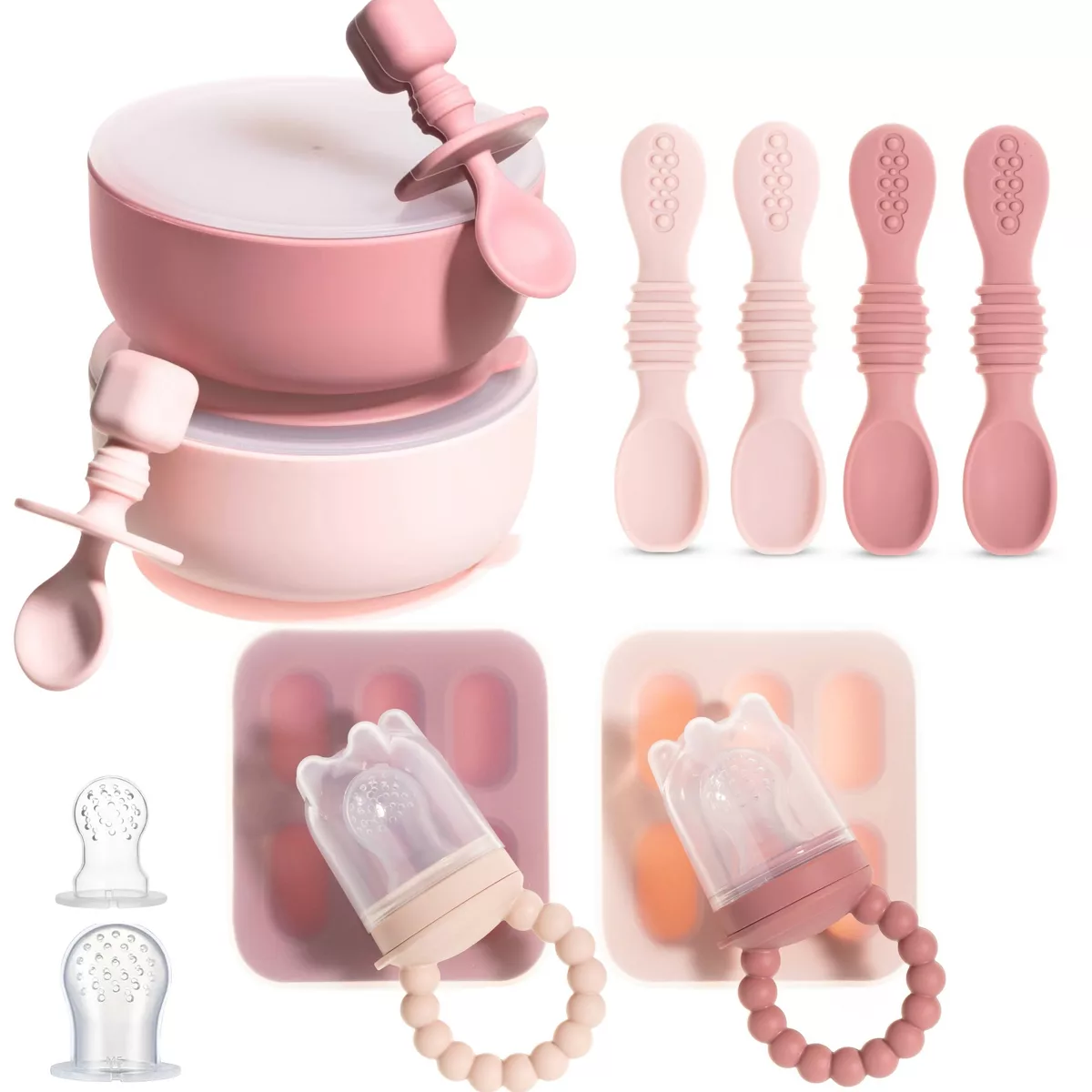 Sperric Silicone Baby Feeding Set, Suction Bowls w/ Lids, 4‑Pack Weaning Spoons & Fruit Feeders, Freezer Dishwasher Safe