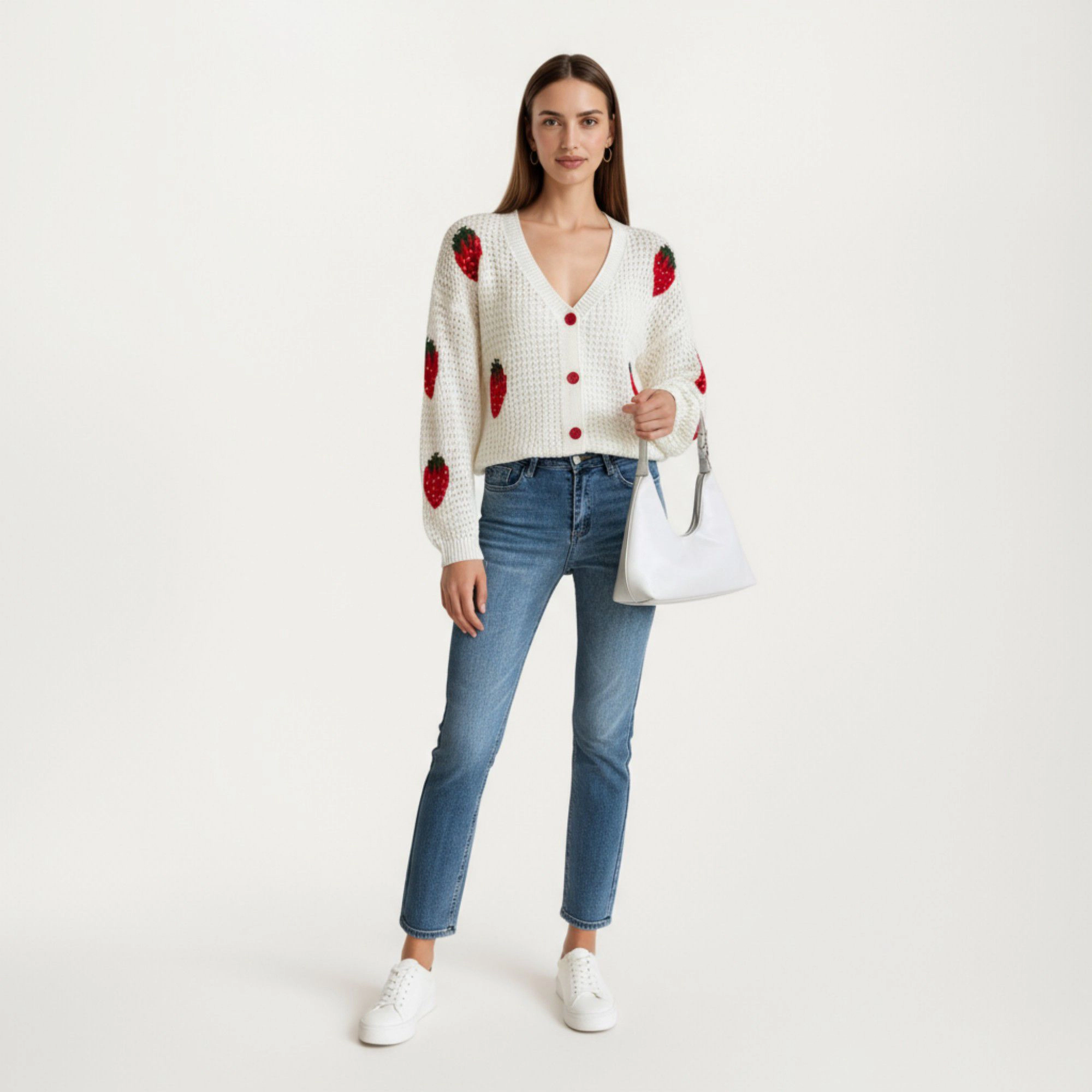 Anna-Kaci Women's Long Sleeve Strawberry Knit Button-Up Cardigan with V-Neckline