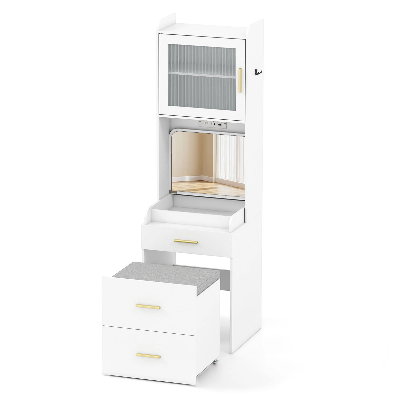 SUGIFT Makeup Vanity Power Outlets Flip-top Mirror Storage Stool & Tall Cabinet 110-lb Table 353-lb Stool Capacity White