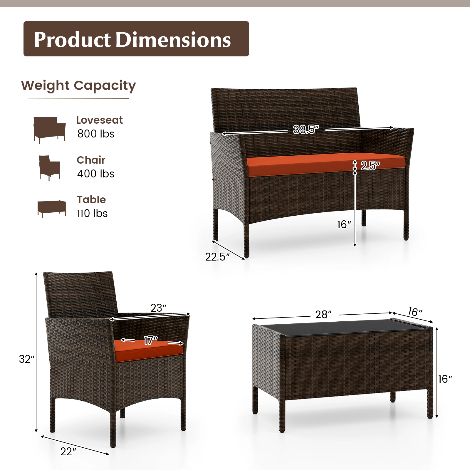 SUGIFT Patio Conversation Set with Cushions 800-lb Loveseat 400-lb Chair Capacity Mix Brown Rattan Orange Cushions