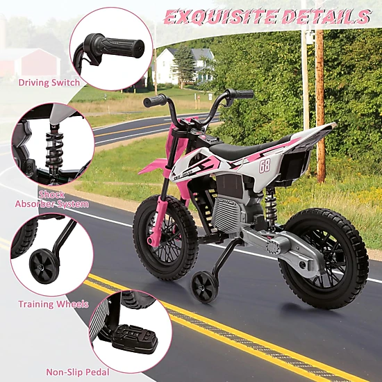 Enjyam 12V Kids Electric Motorcycle w/Training Wheels, Dirt Bike Ride On Toy w/Twist Throttle, Music, 3 MPH Max