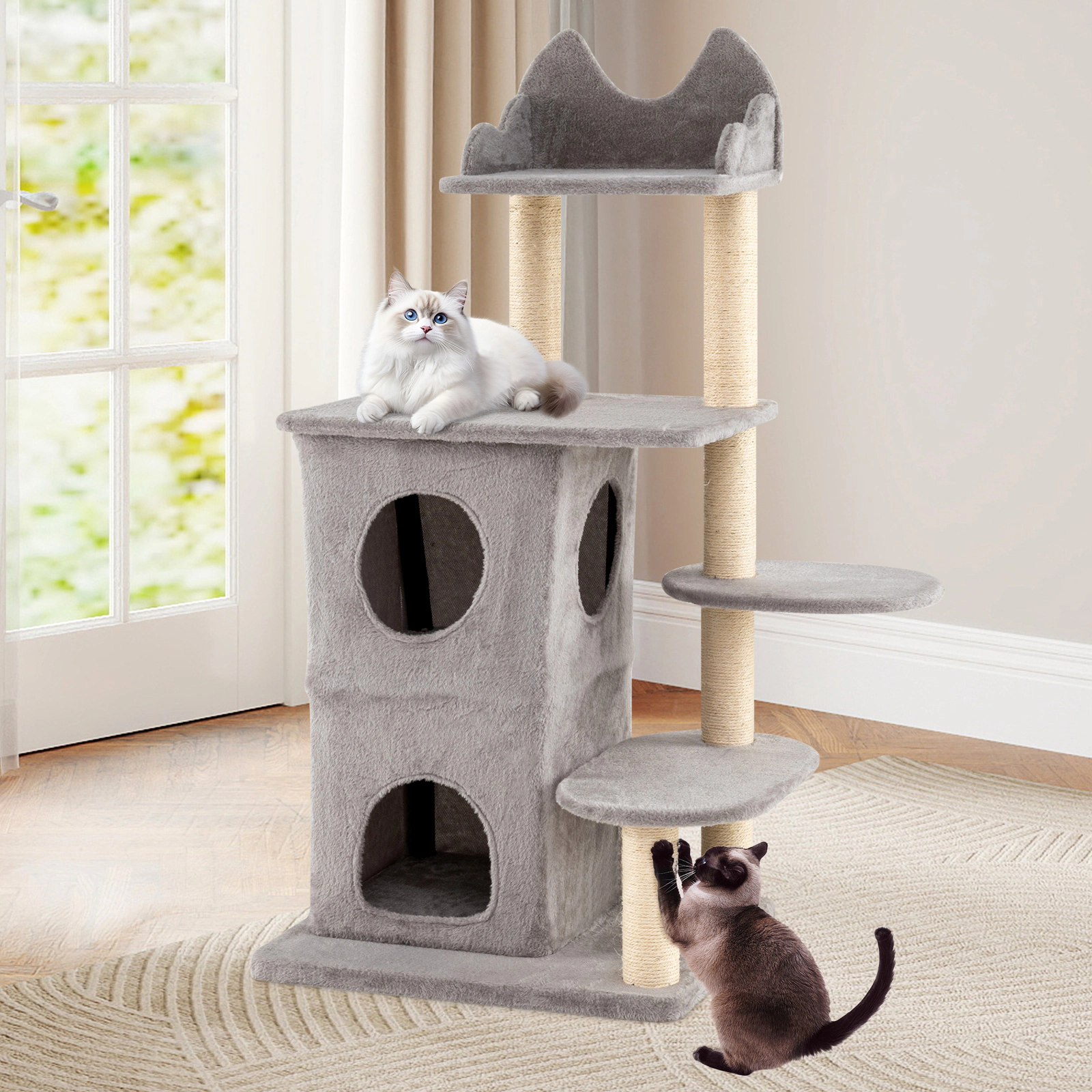 SUGIFT 48.5-in Gray Multi-Level Cat Tree for Large Cats with 2-Story Condo 3 Caves and Sisal Posts