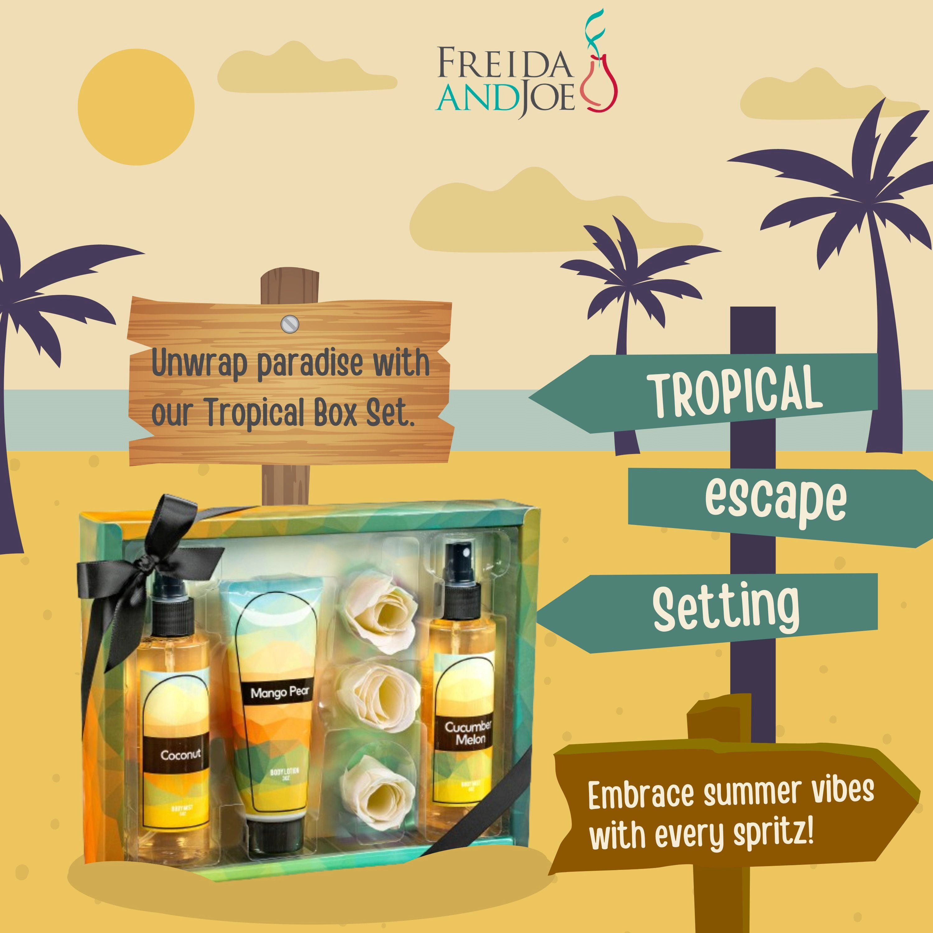 Freida and Joe  Women Tropical Coconut, Cucumber, Mango Pear Body Splash Set Valentine's Gift