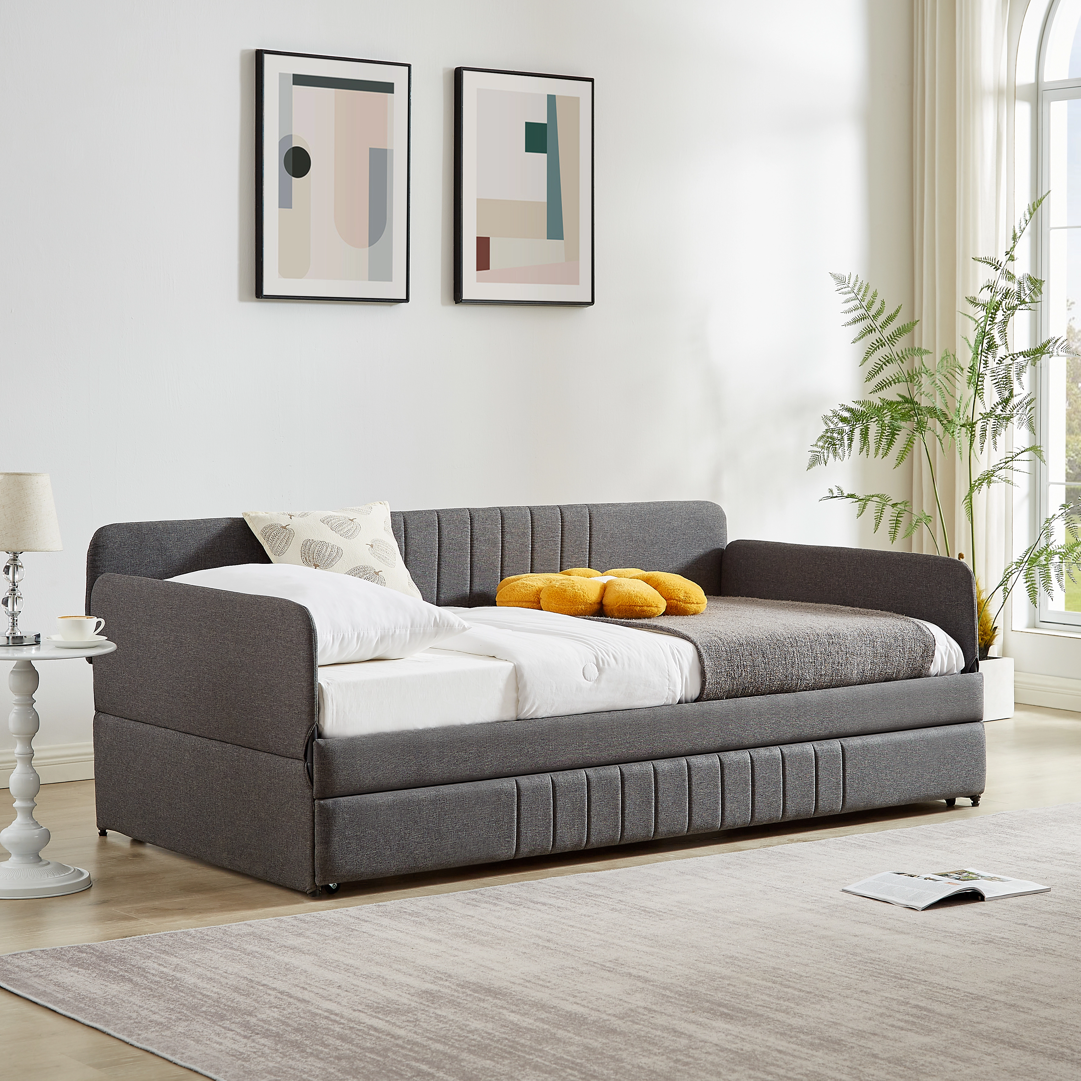 Flynama Twin Daybed Sofa Bed with Trundle, Metal Frame, Grey (78.4"L x 41"W x 29.8"H reference noted)