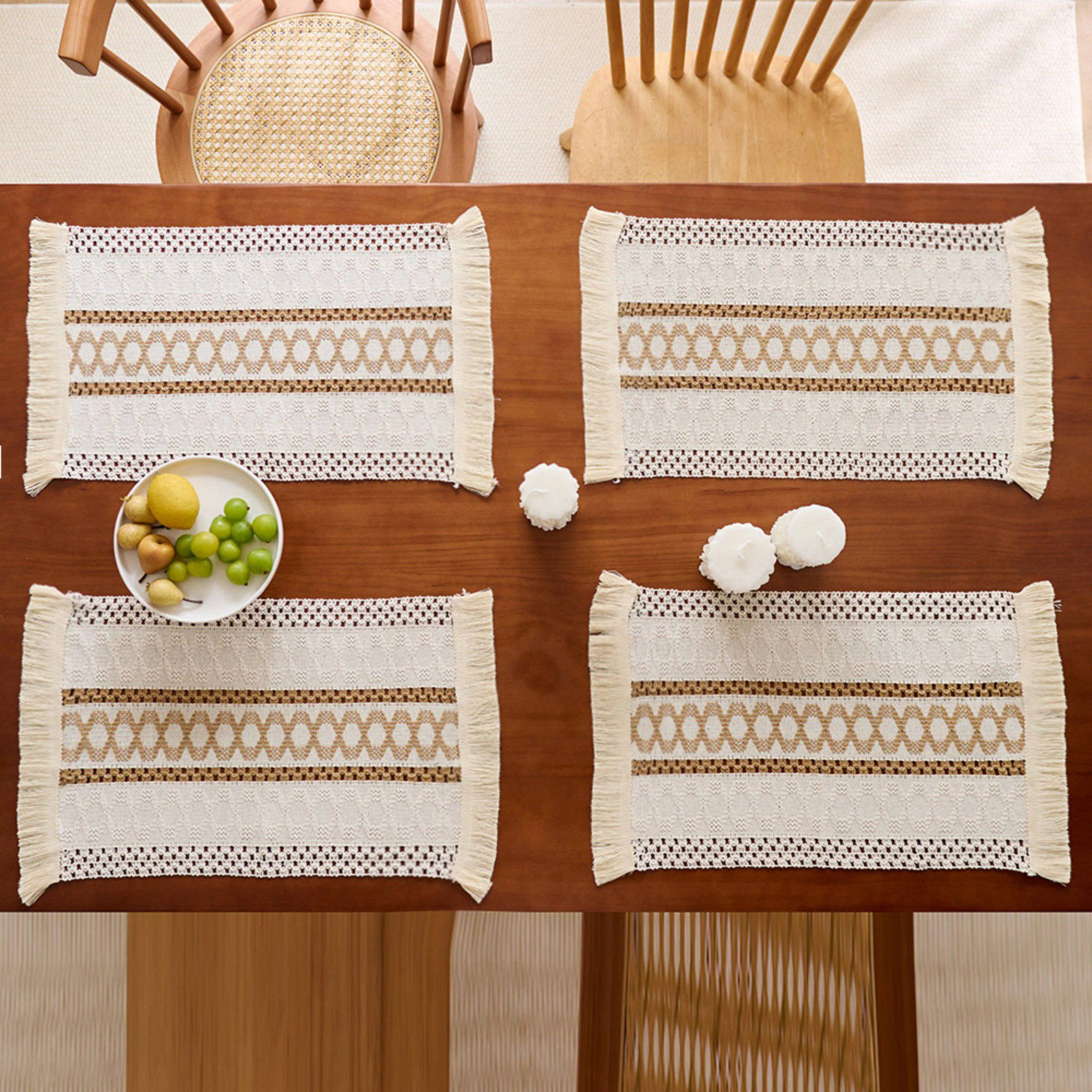 Alilang Unisex 4 Set Woven Rectangular Placemats with Textured Stripes and Fringe Edges 11.8x19.5
