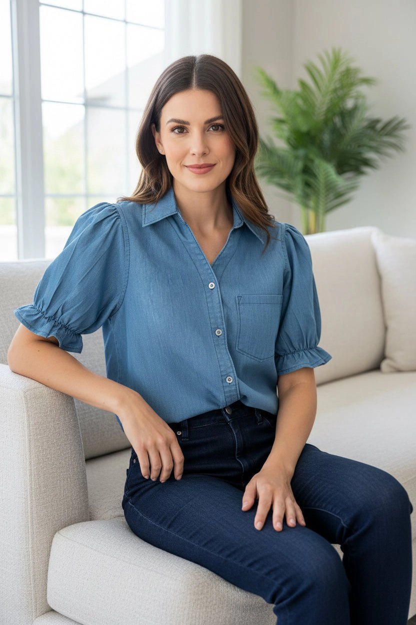 DressAtR Women's Blue Denim V Neck Collar Puff Sleeve Button Front Blouse