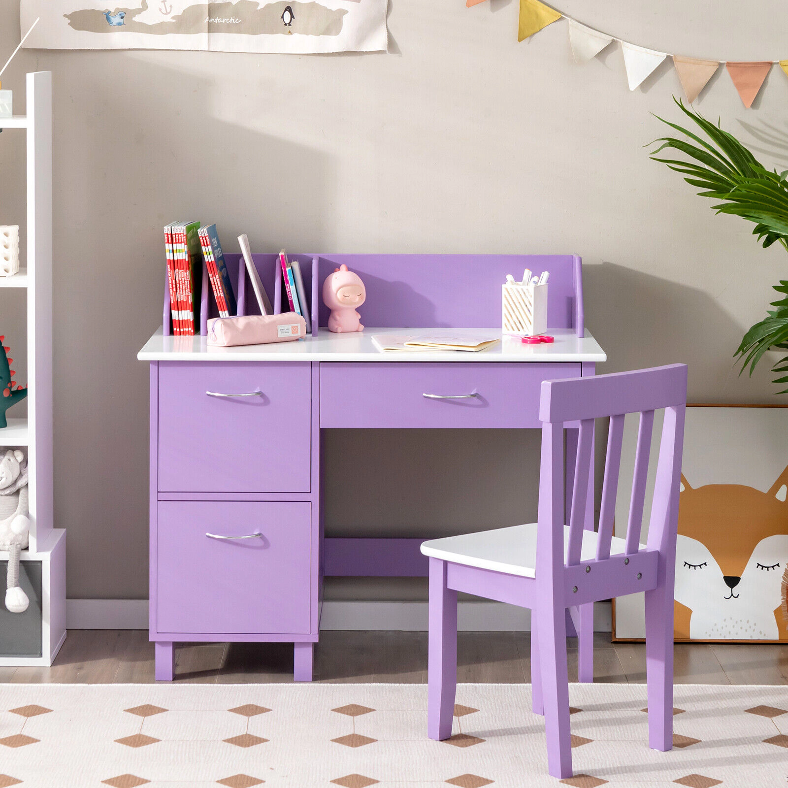 SUGIFT Kids Wooden Writing Desk & Chair Set Drawer & Storage Cabinet 110-lb Table 165-lb Chair Capacity Ages 3+ Purple