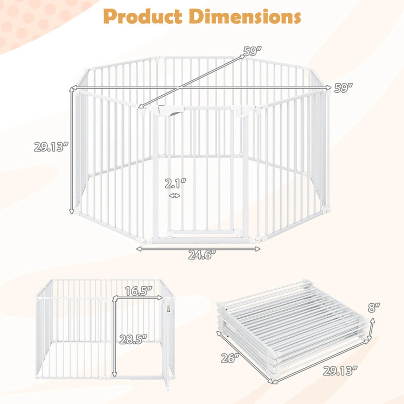 SUGIFT 8-Panel Extra Wide Adjustable Baby Gate and Pet Safety Fence 29.13-in Tall Ages 1-3 White/Black