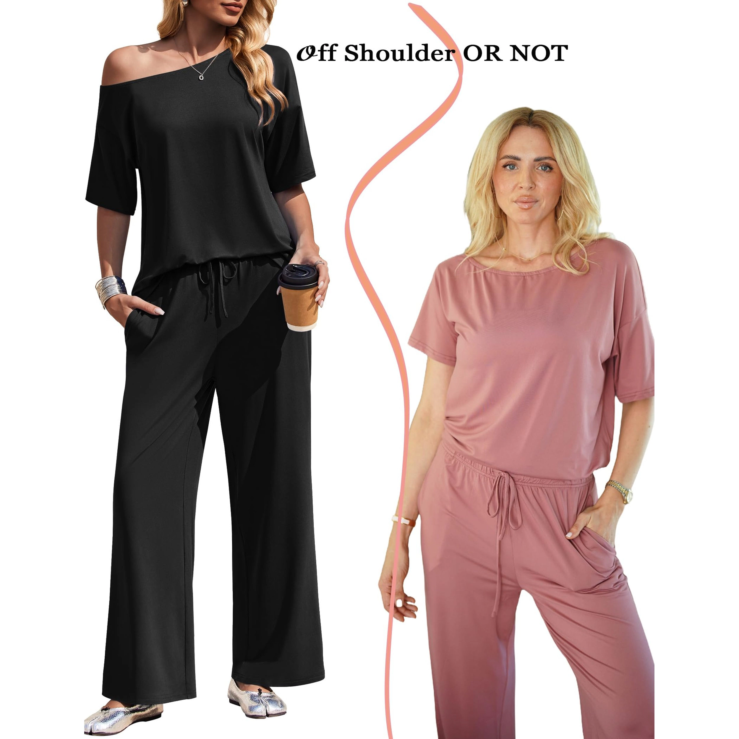 Ekouaer Lounge Sets Off Shoulder Tops and Long Pants Two Piece Set Summer Soft Matching Outfit