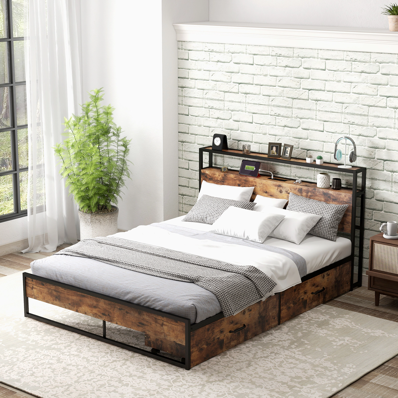 LJG Full/Queen Bed Frame with 2-Tier Storage Headboard and Charging Station