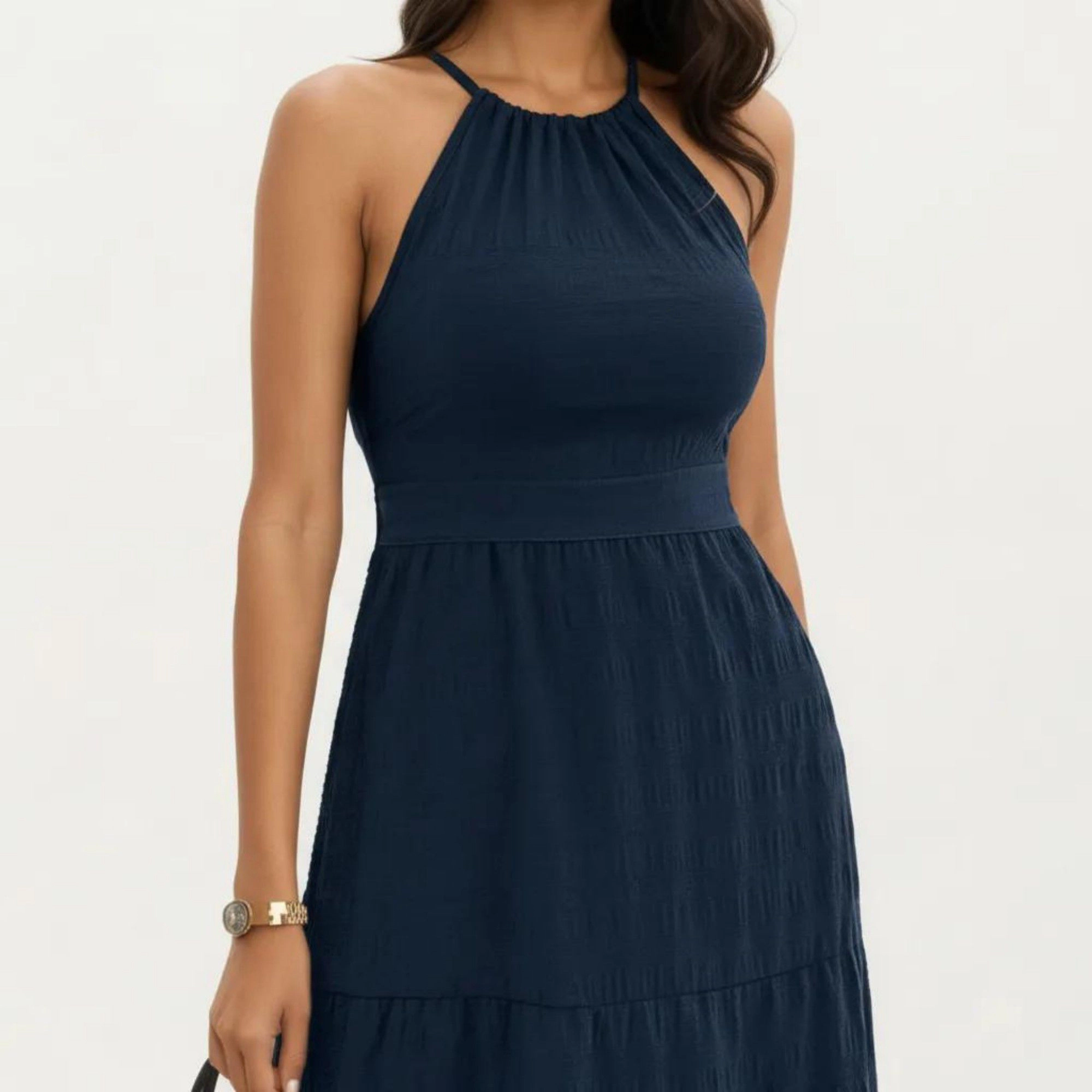 Anna-Kaci Women's Sleeveless Halter Neck Tiered Skirt Fit Lightweight Midi Dress