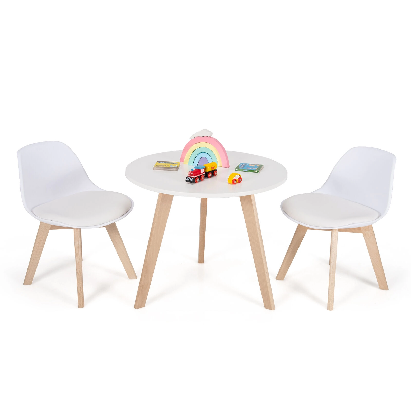 SUGIFT White Beech Legs and Padded Seat Kids Modern Round Activity Table and 2 Chairs Set