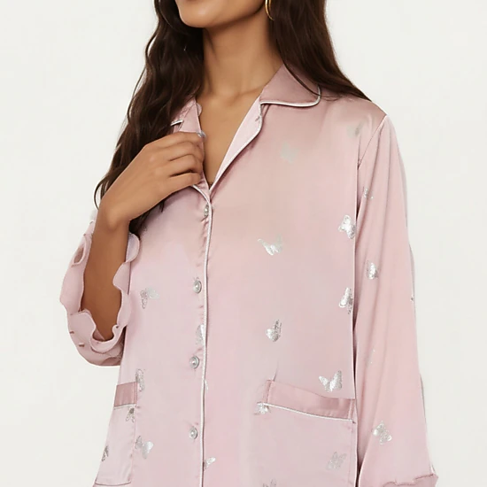 Anna-Kaci Women's 2-Piece Satin Pajama Top with Piping Detail and Ruffled Cuffs Paired with Matching Pants