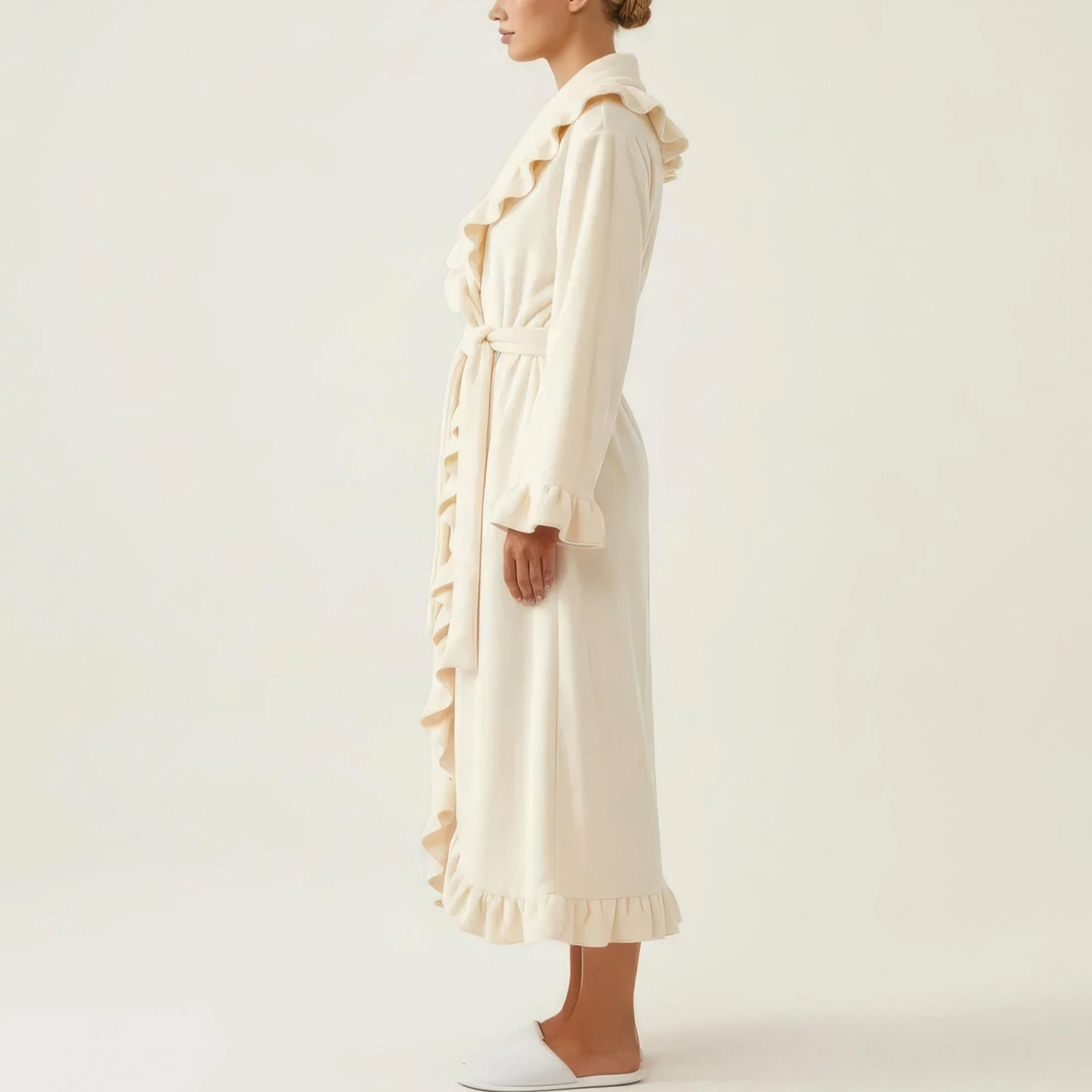 Anna-Kaci Women's Long Sleeve Wrap Robe with Ruffle Trim Shawl Collar Tie Waist Belt Soft Lightweight Full Length