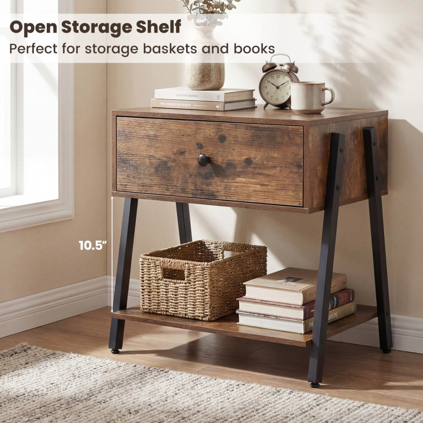 SUGIFT Industrial Nightstand with Drawer and Bottom Shelf 44-lb Top Shelf Capacity Rustic Brown 20-in Tabletop