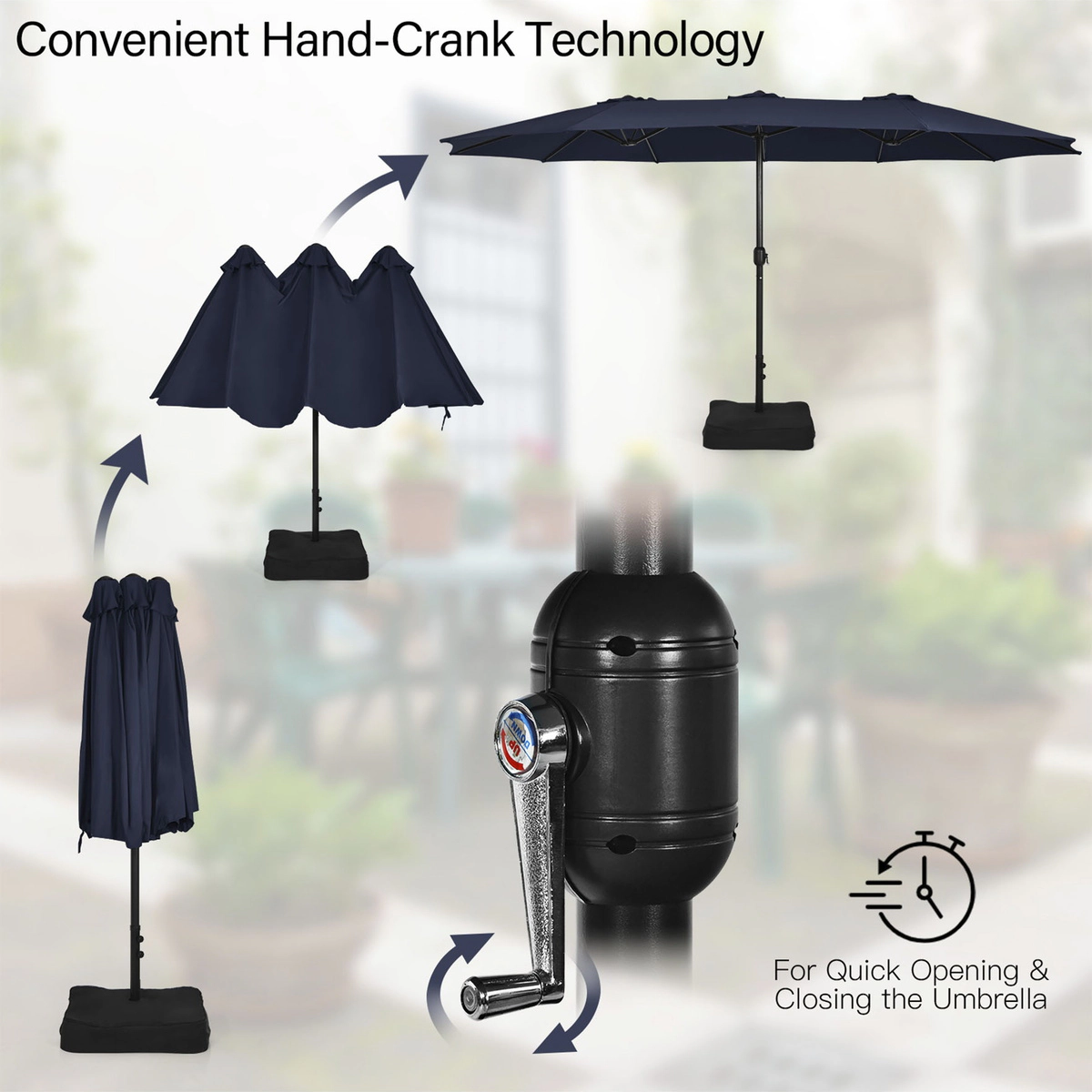 SUGIFT Crank Lift 12 Ribs and Weighted Base 15 FT Double-Sided Twin Patio Umbrella