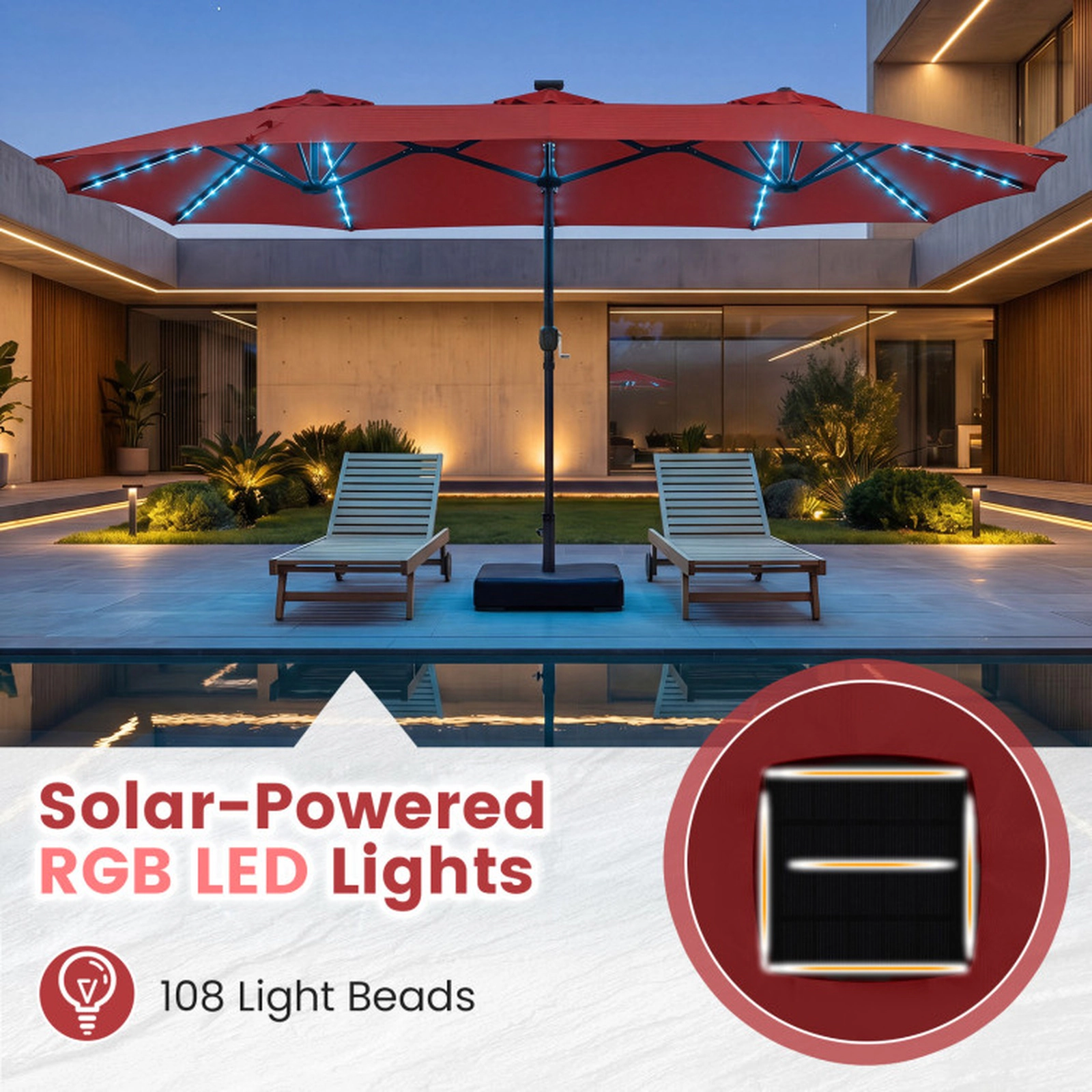 SUGIFT 13-ft Wine Rectangular Double-Sided Solar LED Patio Umbrella, 108 Lights, Crank Lift
